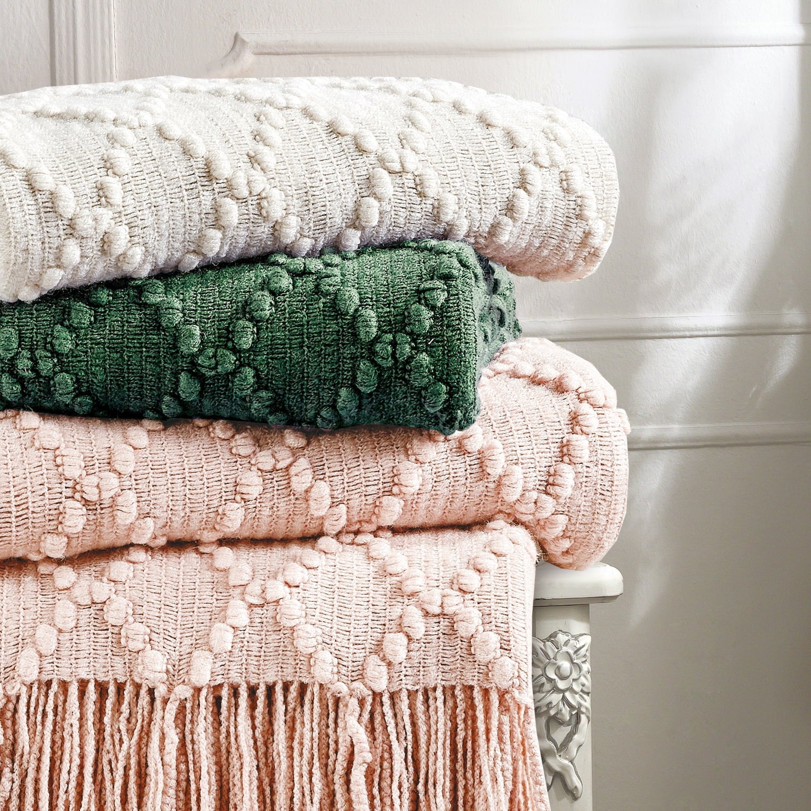Decorative Knitted Texture Pure Color Soft Throw Blanket and Sofa Or Bed Knitted Decorative Blanket 50 x70 inches Jacquard Diamond Beige... - Super Soft Reversible Sherpa Flannel Blanket Detail