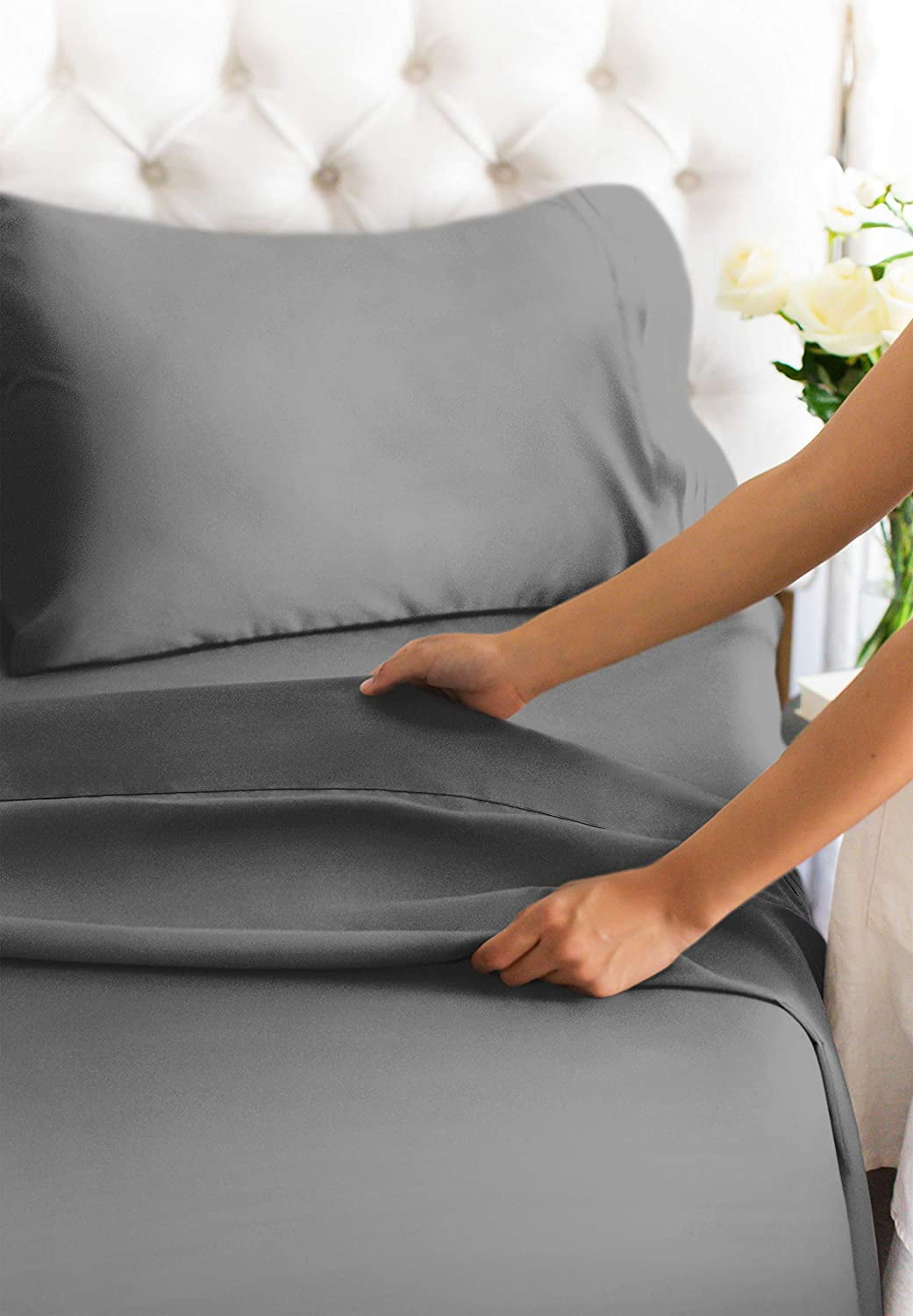 Ultra-Soft 4-Piece Extra Deep Pocket Sheet Set - Full Size Breathable & Cooling Bed Sheets Fits 18"-24" Mattresses, Gray - Premium Ultra-Soft Pillowcase Pair for Sleeping Detail
