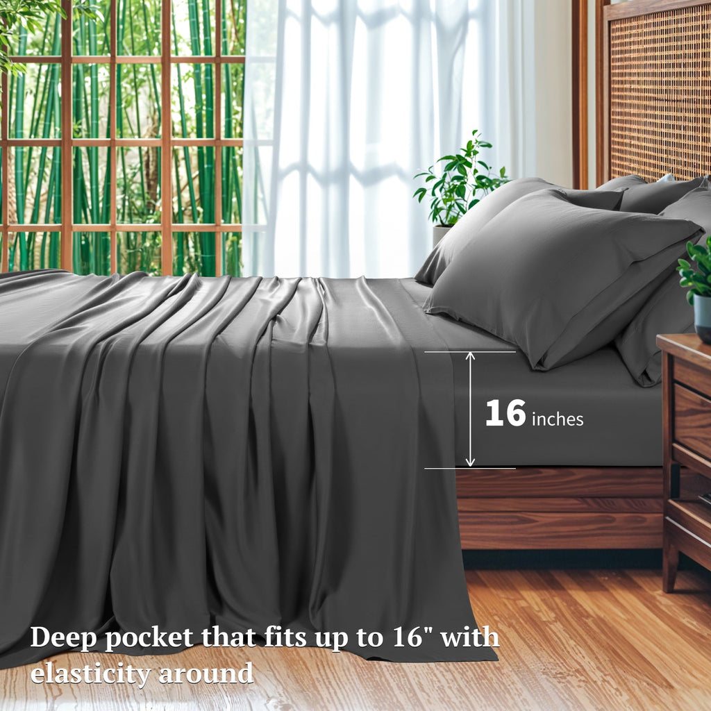 Cooling Sateen 6 Pieces Bamboo Bed Sheets Set, Luxury Rayon Derived - Deep Pockets - Wrinkle Free - Extremely Soft, Queen, Dark Gray - Premium Ultra-Soft Pillowcase Pair for Sleeping Detail