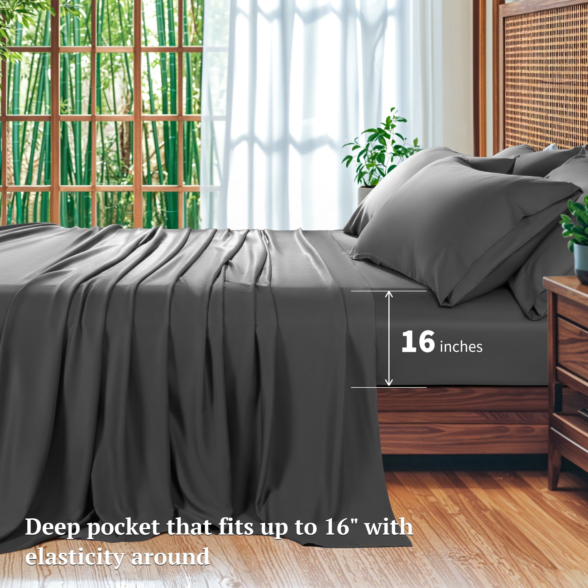 Cooling Sateen 6 Pieces Bamboo Bed Sheets Set, Luxury Rayon Derived - Deep Pockets - Wrinkle Free - Extremely Soft, Queen, Dark Gray - Premium Ultra-Soft Pillowcase Pair for Sleeping Detail