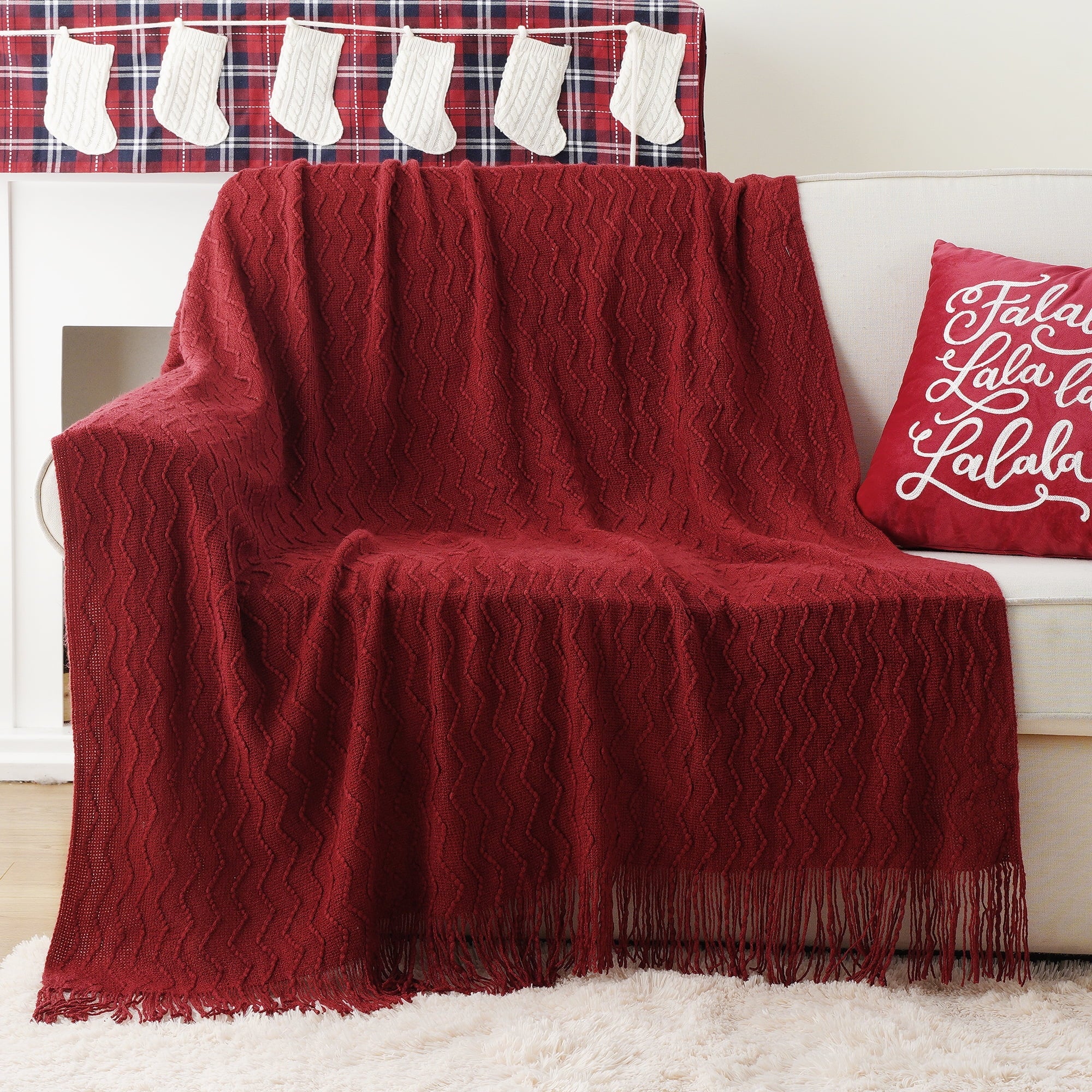 Lightweight Warm Dark Red Blanket for Couch,Burgundy Knit Throw Blanket for Bedroom,Christmas Throw,50"x60" - Super Soft Reversible Sherpa Flannel Blanket Detail