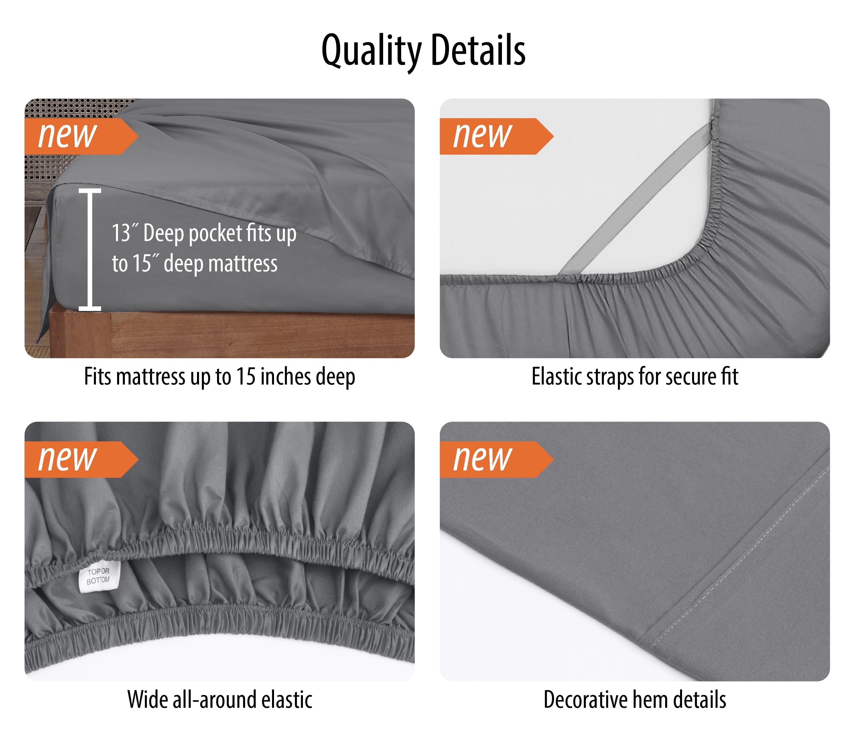 Premium Egyptian Cotton Super Soft Brushed Microfiber Bed Sheet Set, Soothing Gray, Queen, 4 Piece - Cooling Hotel Quality Bedding Sheets and Pillowcases Detail