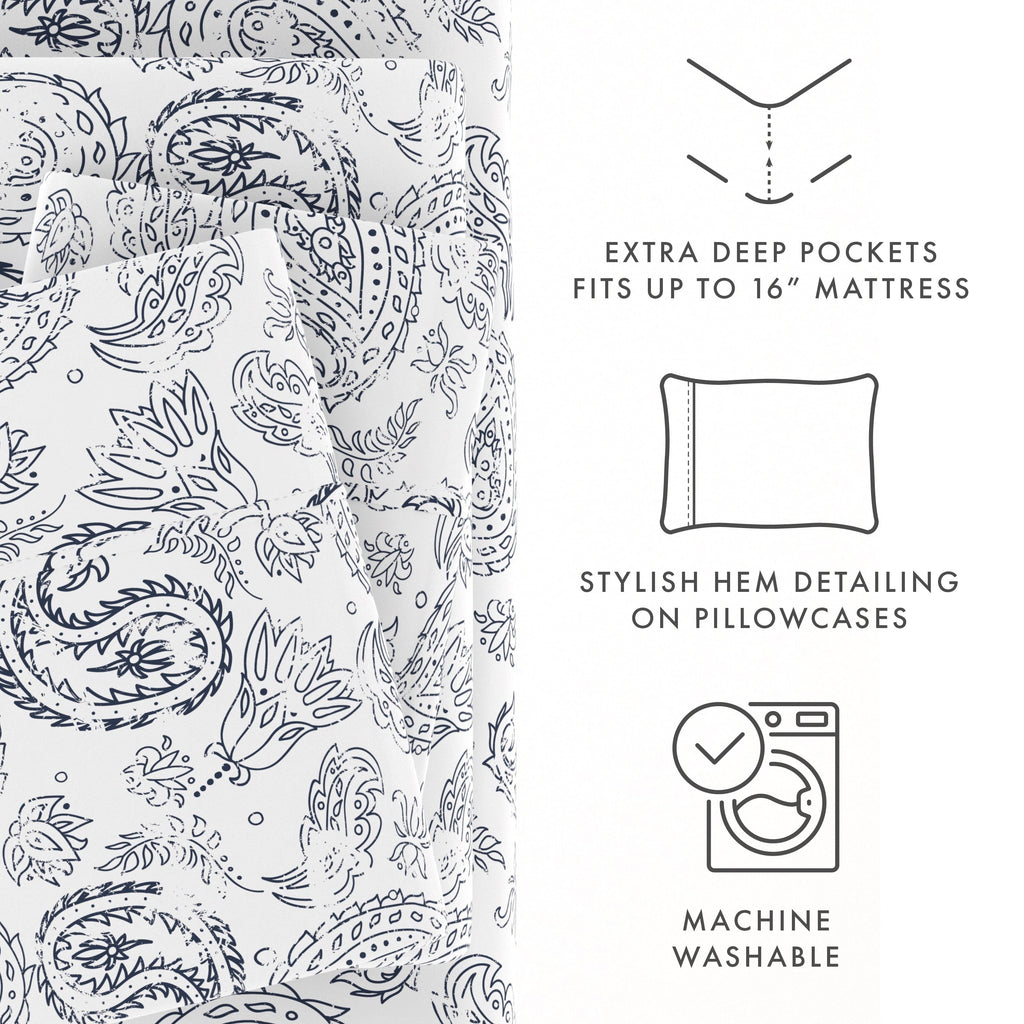 Breathable Luxury 4 Piece Pattern Microfiber Bed Sheets Set, Navy Coarse Paisley, Full - Cooling Hotel Quality Bedding Sheets and Pillowcases Detail
