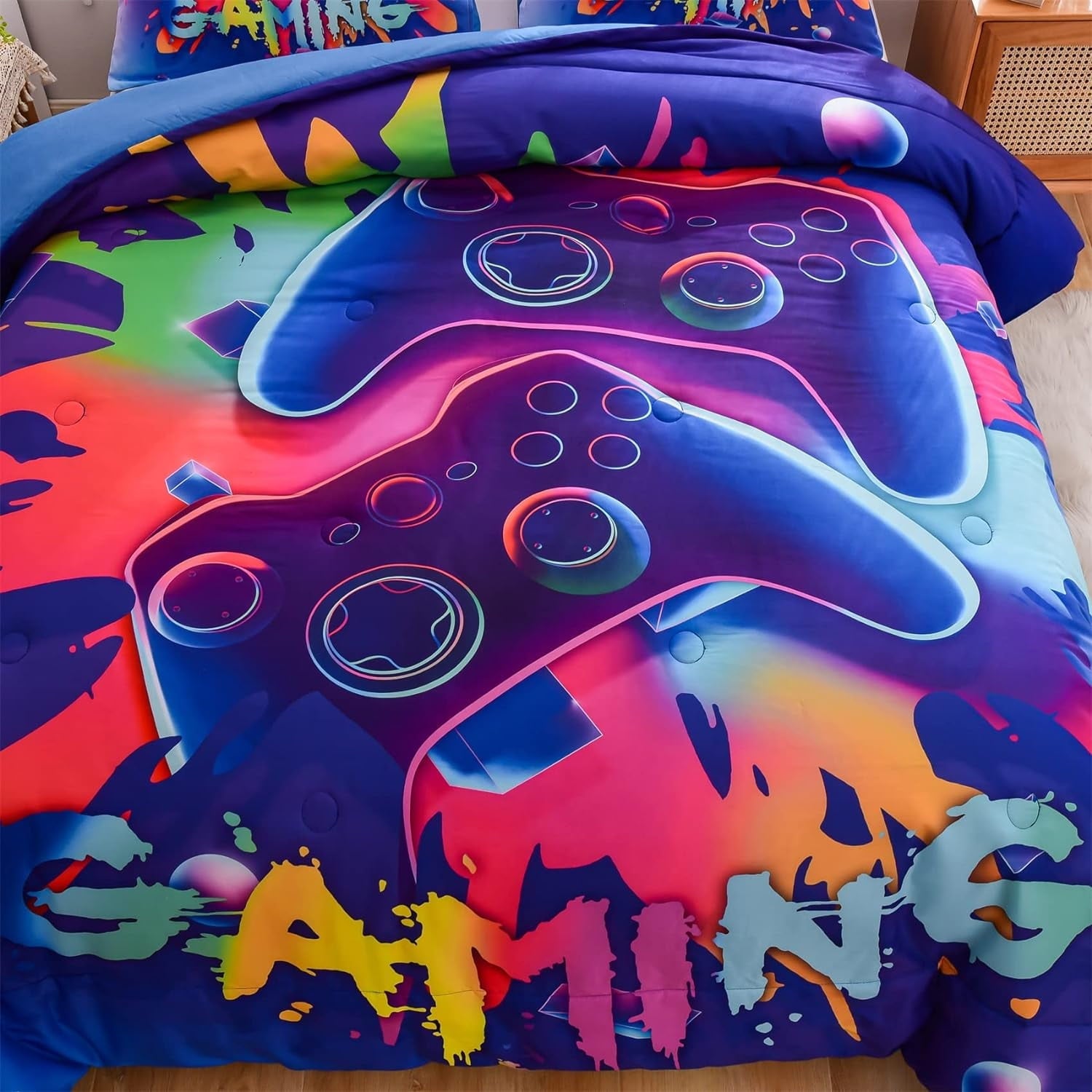 Fluffy Down Alternative Purple Queen Gaming Comforter Sets for Boys Kids Bedding Sets Colorful Games Console Gamer Quilt Set - All-Season Down Alternative Comforter Insert Detail