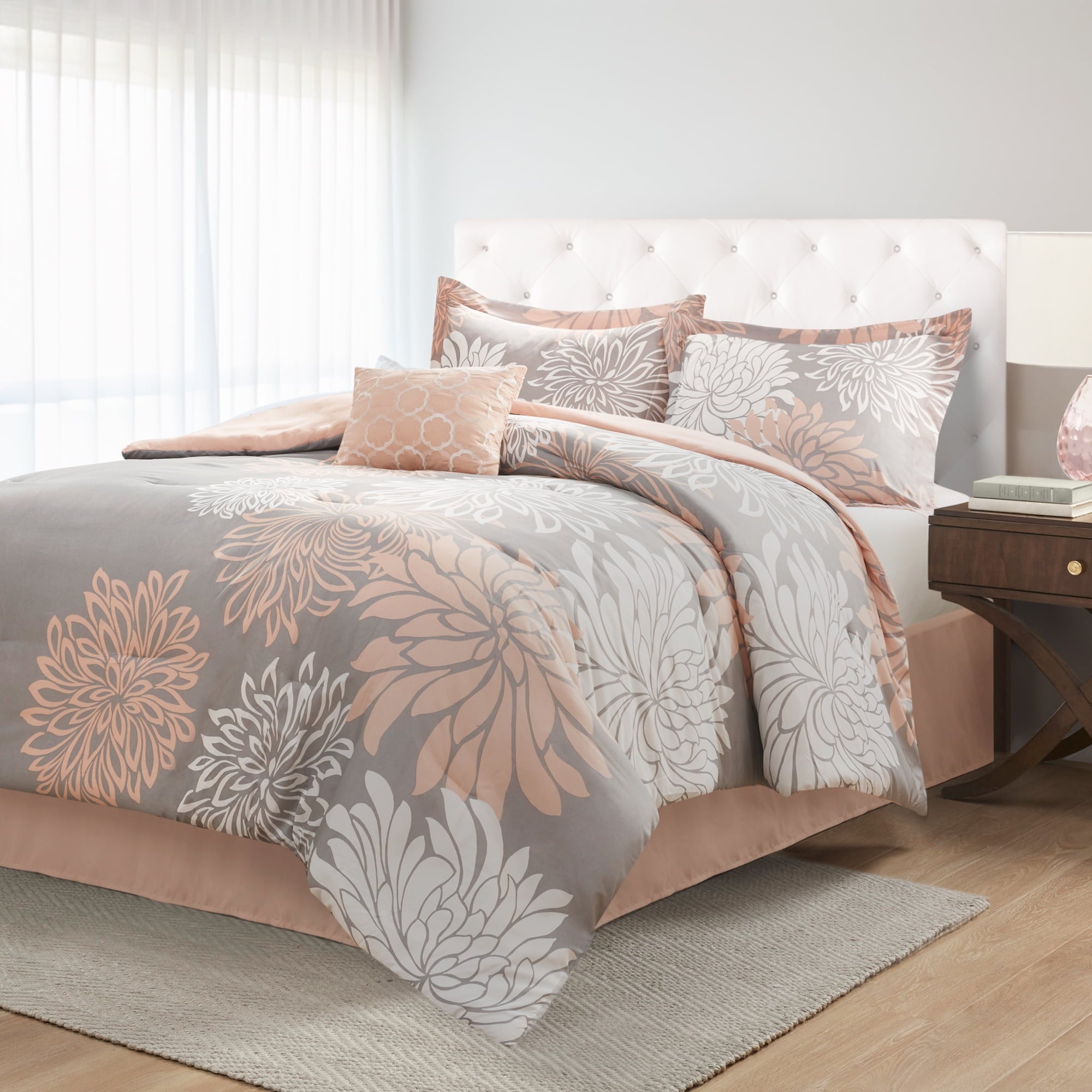 Heavyweight Warmth King Size Comforter Set, 5-Piece Floral Bedding Set for All Season, Blush Comforter Set King with Bed Skirt - Luxurious Quilted Duvet Cover Set Detail
