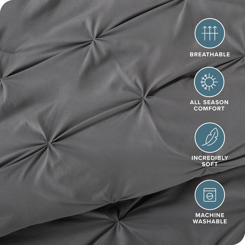 All-Season Pintuck Down Alternative Comforter Set - 3-Pieces - All Seasons - King, Grey - Hypoallergenic Ultra-Fluffy Quilt for Winter Detail