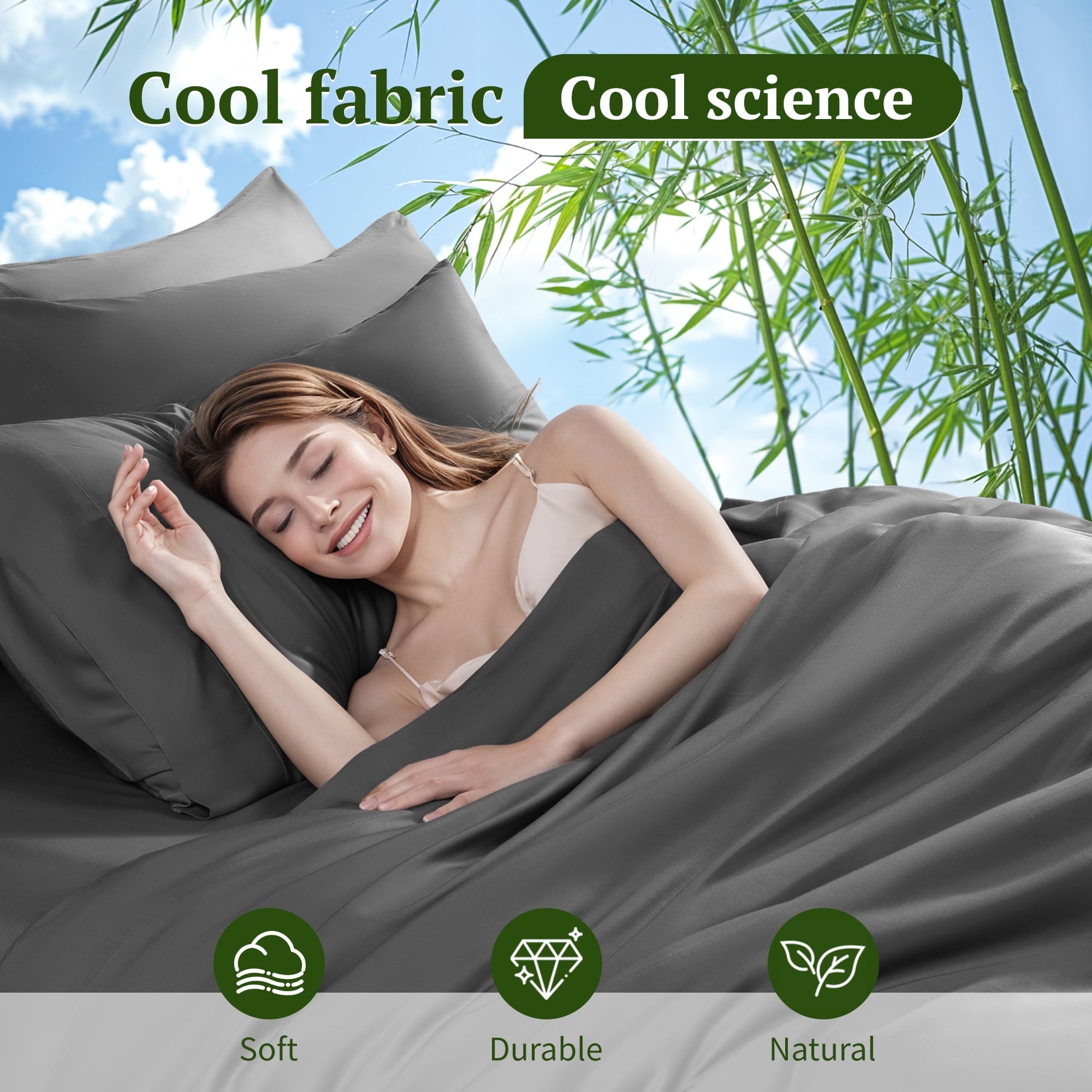 Cooling Sateen 6 Pieces Bamboo Bed Sheets Set, Luxury Rayon Derived - Deep Pockets - Wrinkle Free - Extremely Soft, Queen, Dark Gray - Premium Ultra-Soft Pillowcase Pair for Sleeping Detail