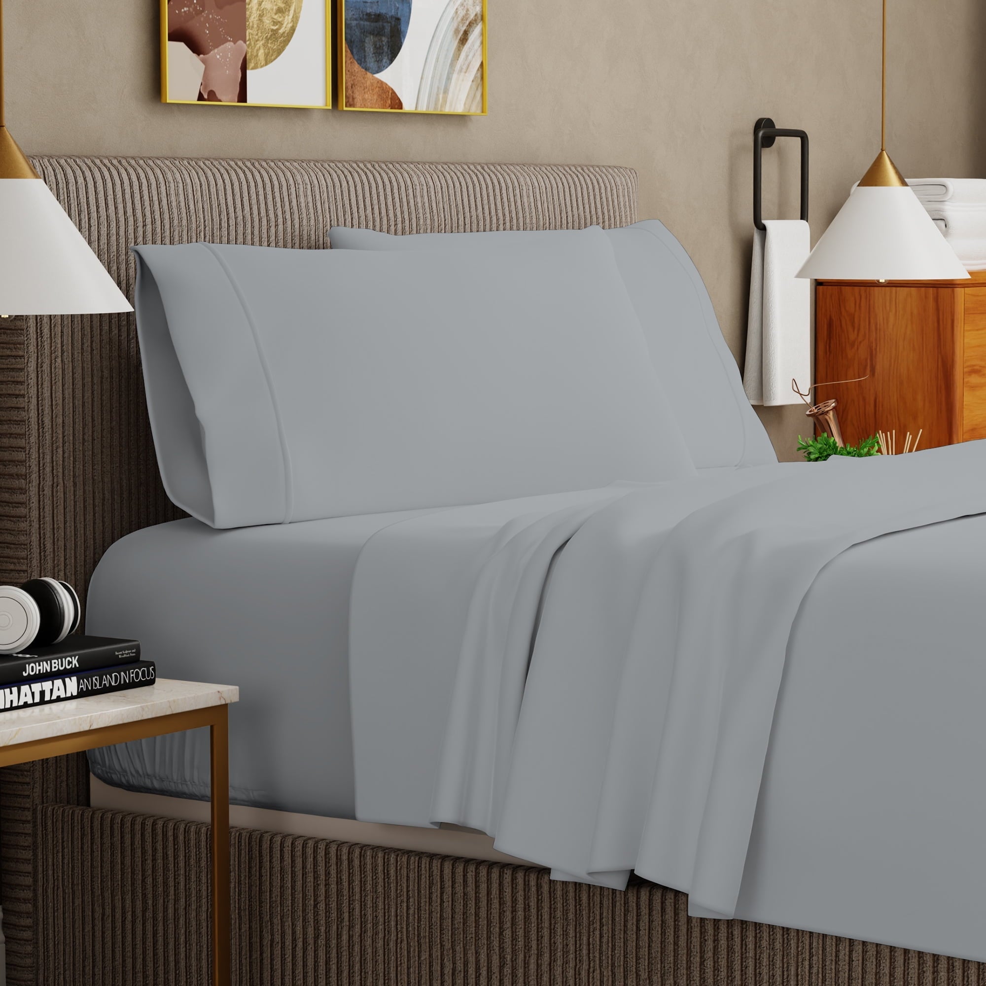 Breathable Luxury Soft Finish Microfiber Percale Queen Bed Sheet Set – 4-Piece Lightweight, Wrinkle-Resistant, Quick-Dry, Light Gray - Cooling Hotel Quality Bedding Sheets and Pillowcases Detail