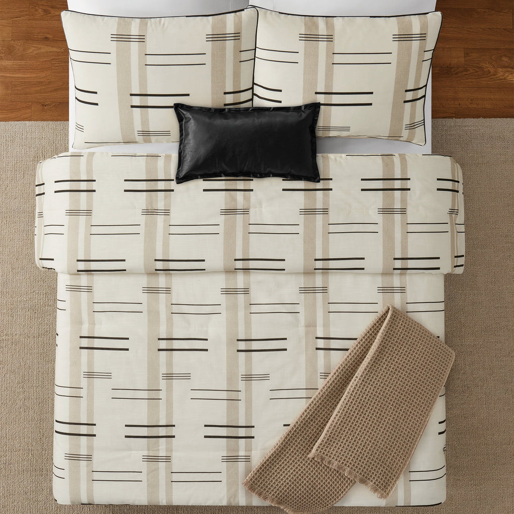 Heavyweight Warmth Full/Queen Comforter Set, All-Season, 5-Piece, Tan Modern - Luxurious Quilted Duvet Cover Set Detail
