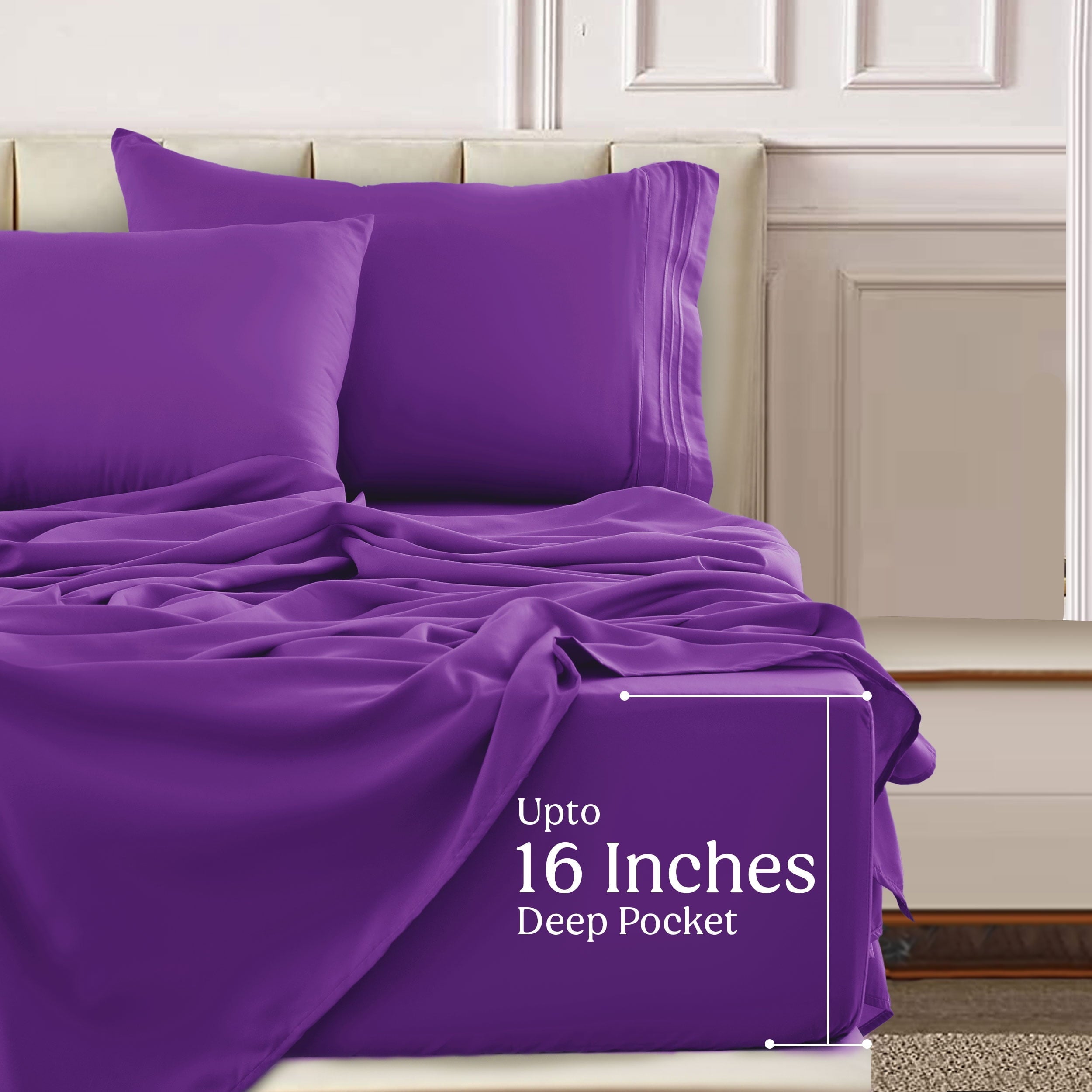 Wrinkle-Resistant King Bed Sheets - 16 Inch Deep Pocket 6 Piece Microfiber Bedding Sheets & Pillowcase Sets - Purple - Luxury Bed Sheet Set with Deep Pockets Detail