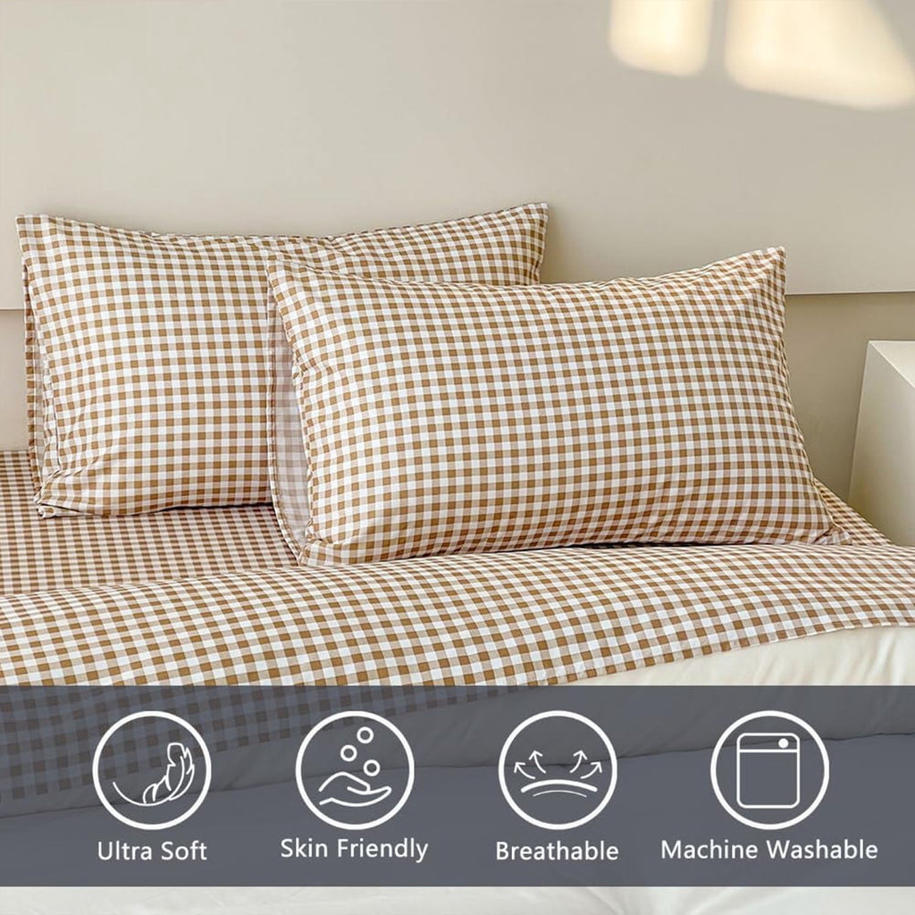 Premium Egyptian Cotton Sheet Set, Soft Brushed Microfiber Taupe Plaid Sheets, 4-Piece Brown Grid Set with Deep Pocket - Premium Ultra-Soft Pillowcase Pair for Sleeping Detail