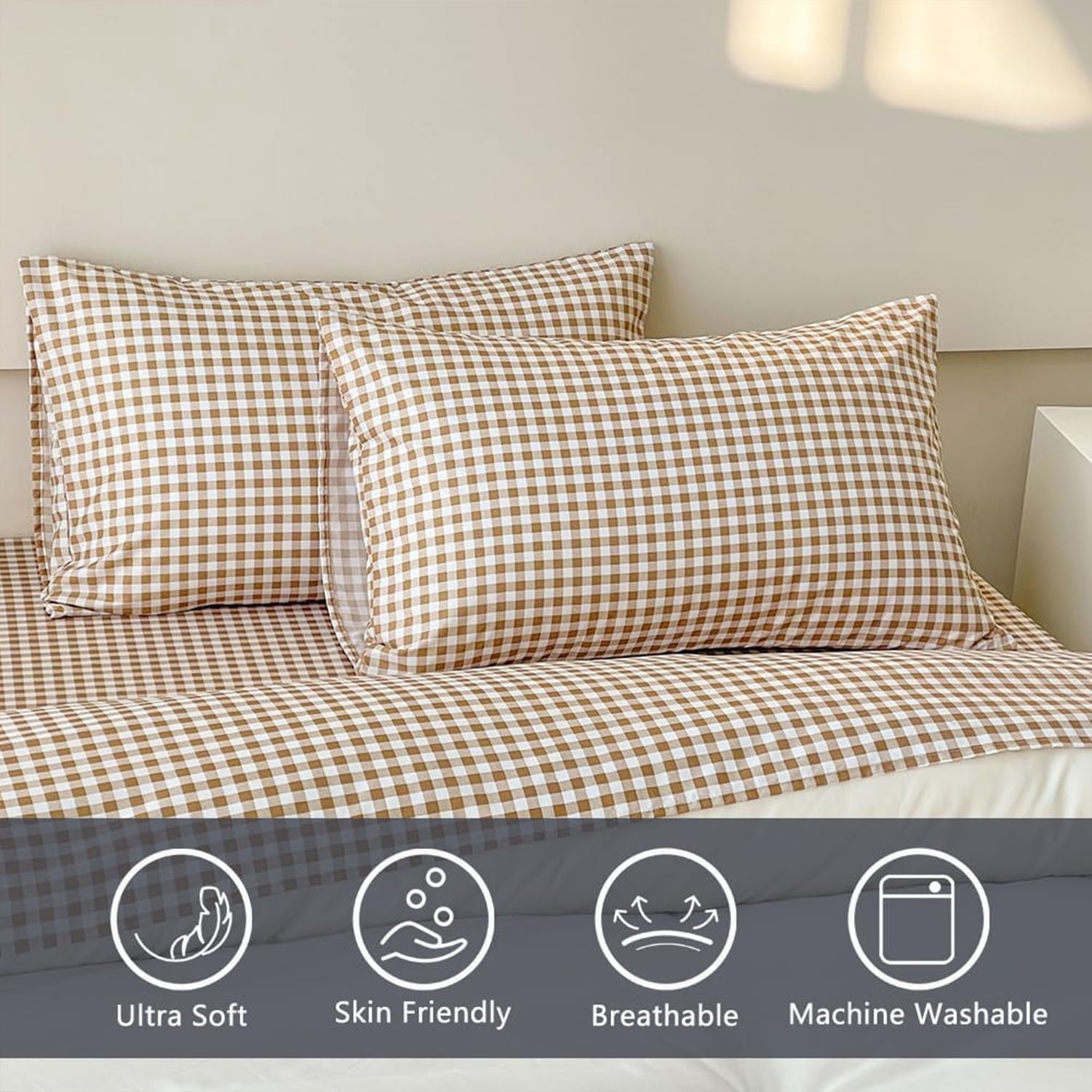 Premium Egyptian Cotton Sheet Set, Soft Brushed Microfiber Taupe Plaid Sheets, 4-Piece Brown Grid Set with Deep Pocket - Premium Ultra-Soft Pillowcase Pair for Sleeping Detail