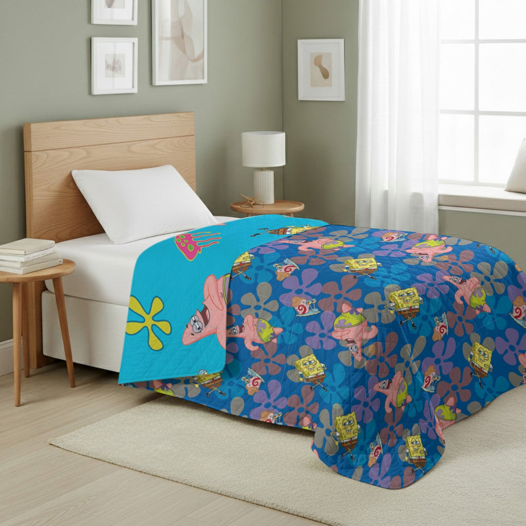 Reversible Sherpa Spongebob Tropical Waltz Quilted Throw Blanket 60x80 inches, Kids Character Bedding - Luxury Knitted Decorative Throw Blanket with Fringes Detail
