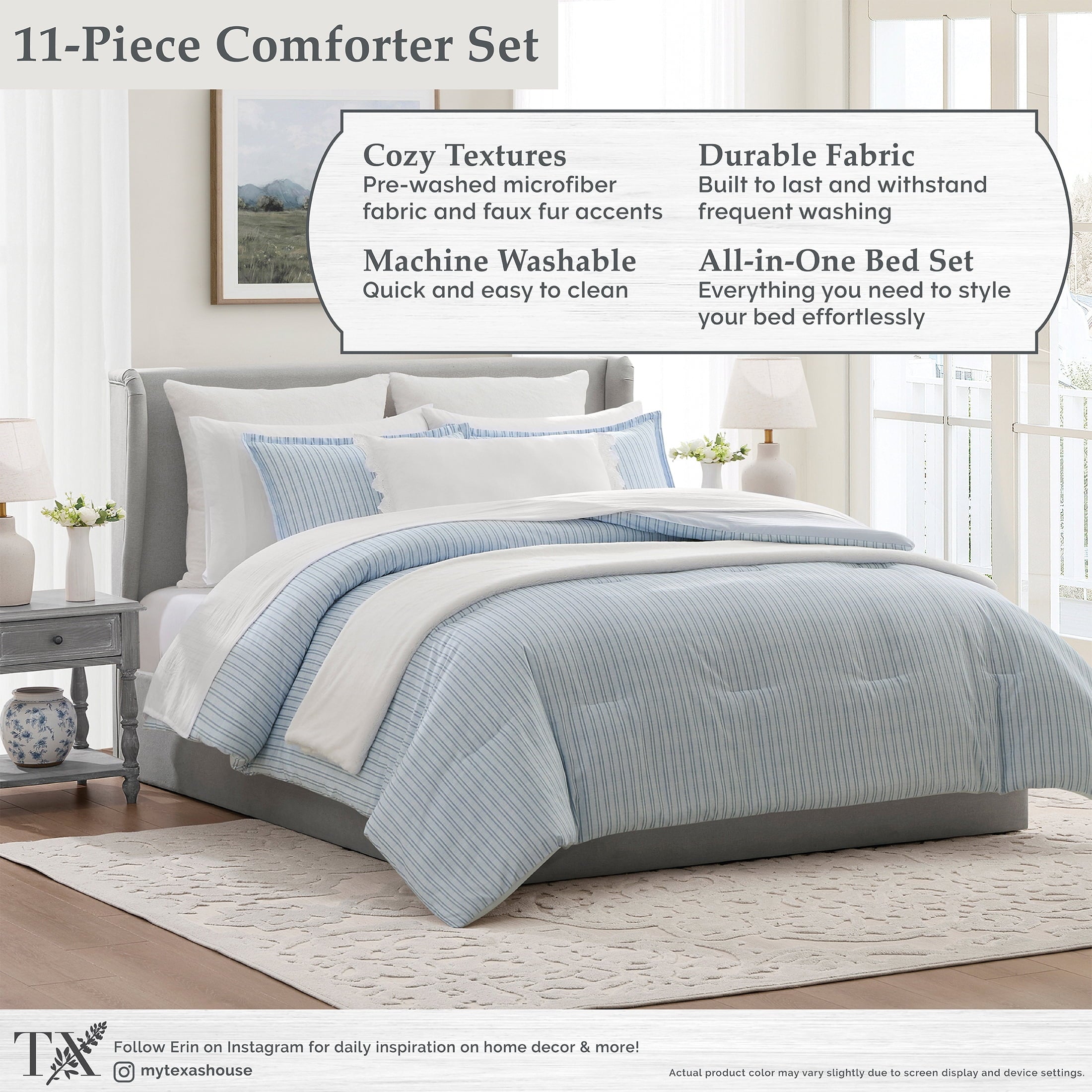 Luxurious Quilted Stripe 11-Piece Comforter Set with Sheets, Blue, Queen - All-Season Down Alternative Comforter Insert Detail