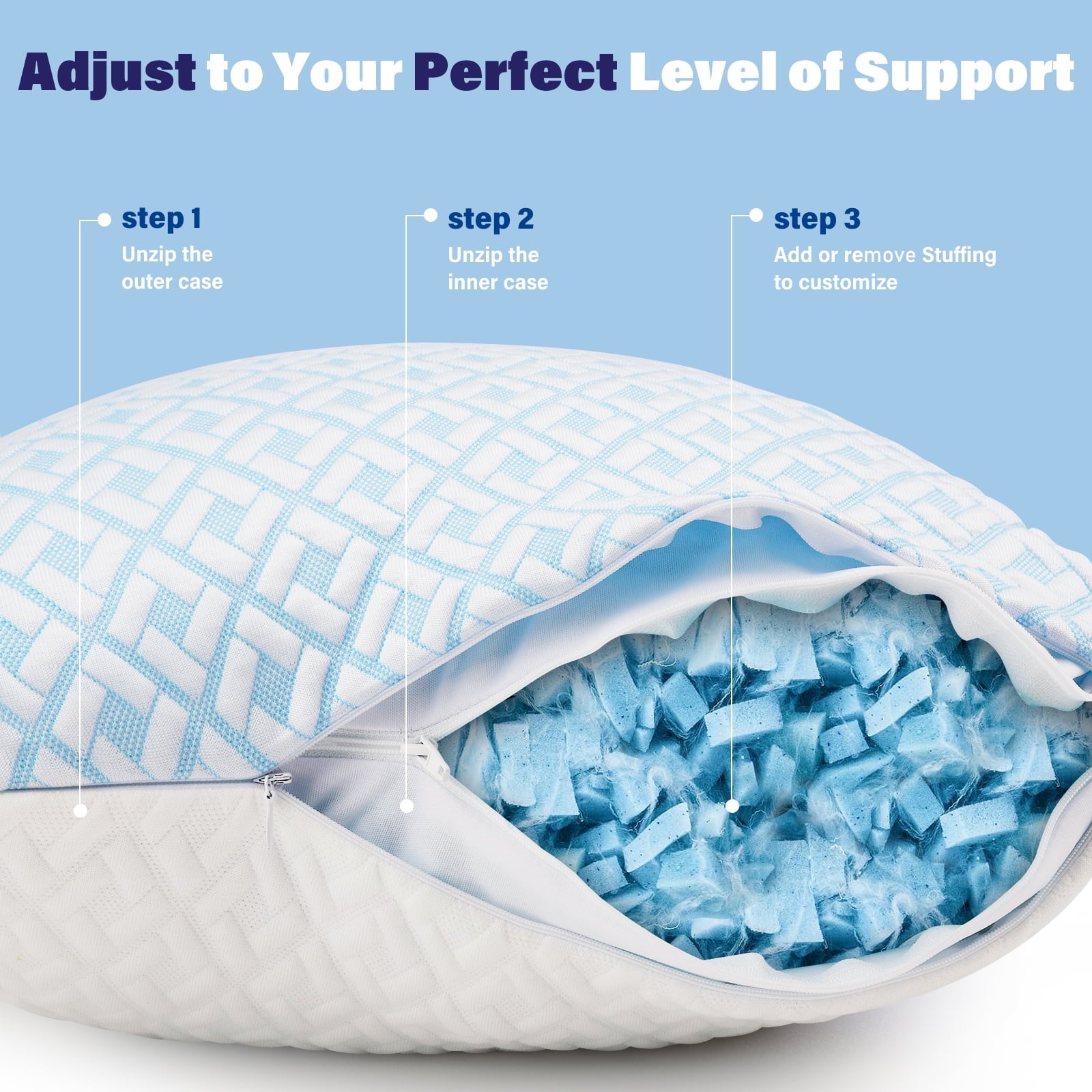 Ergonomic Memory Foam Cooling Bed Pillows for Sleeping Shredded Memory Foam Pillows Queen Size Set of 2 Pack - Ergonomic Memory Foam Pillow for Neck Pain Support Detail