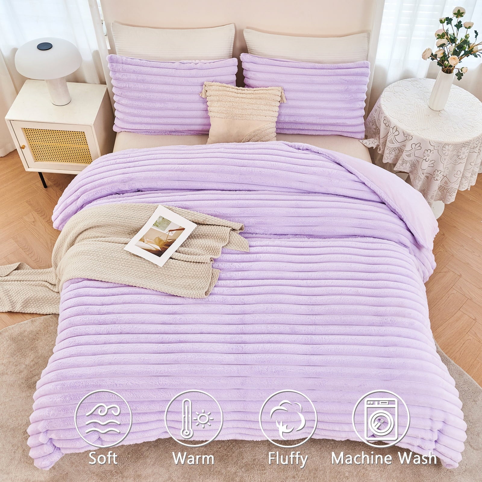 Luxurious Quilted Fleece Twin Comforter Set, Light Purple Super Soft Furry Plush Bedding, Luxury Fluffy Fuzzy Heavy Bed Set for Winter ... - Hypoallergenic Ultra-Fluffy Quilt for Winter Detail