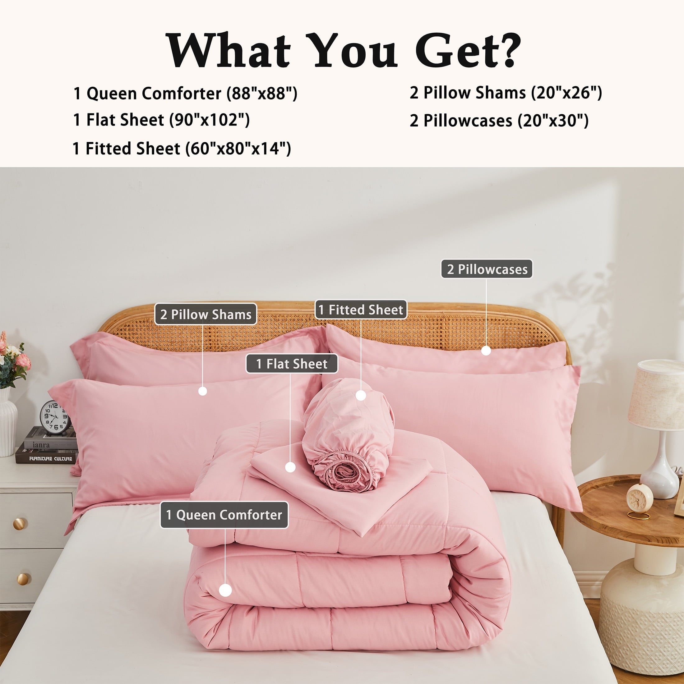 Fluffy Down Alternative 7-Piece Queen Size Comforter Set,Pink Reversible Bed in a Bag,All Season Solid Bedding Set with Sheets,Pillowcases & ... - Luxurious Quilted Duvet Cover Set Detail