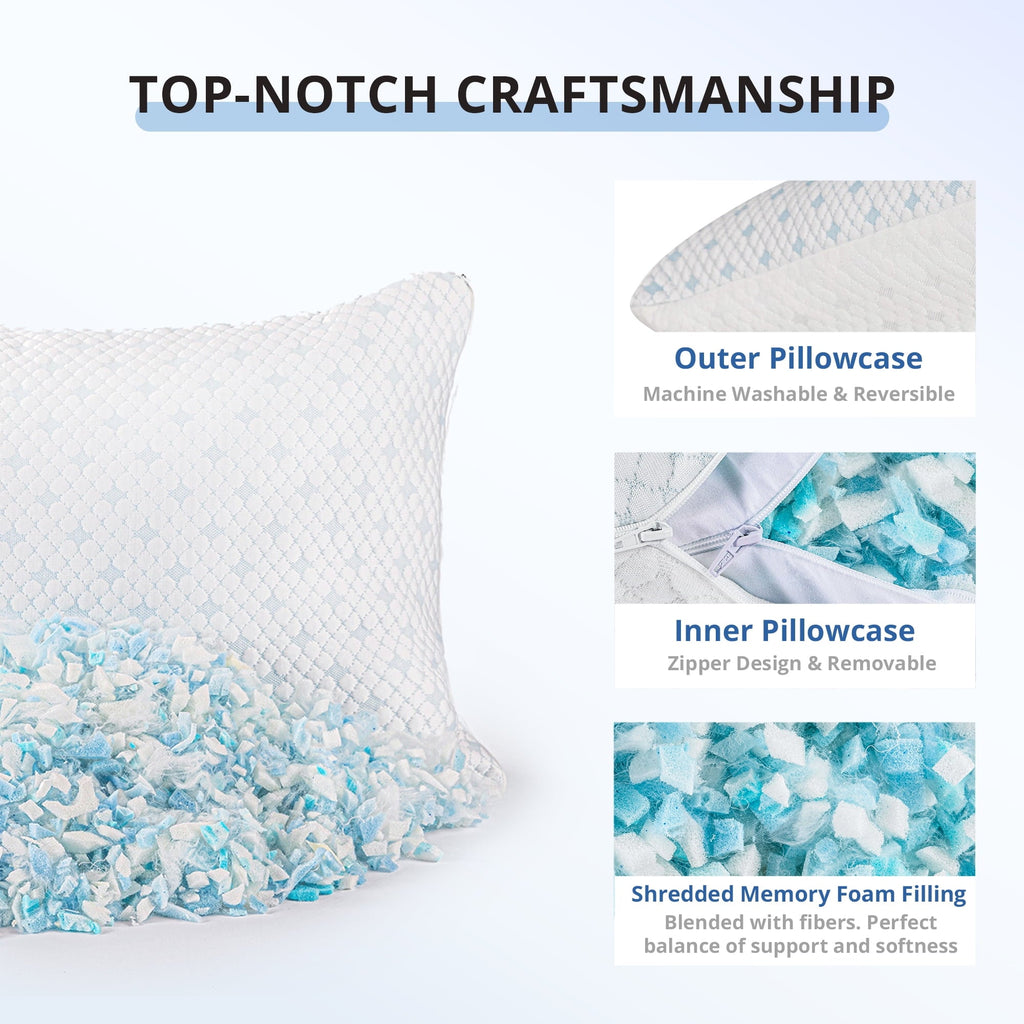 Fluffy Shredded 2-Pack Adjustable Cooling Bed Pillows, Shredded Memory Foam Pillows Set of 2, Standard Queen, Dual Sides - Hotel Quality Plush Sleeping Pillows Detail