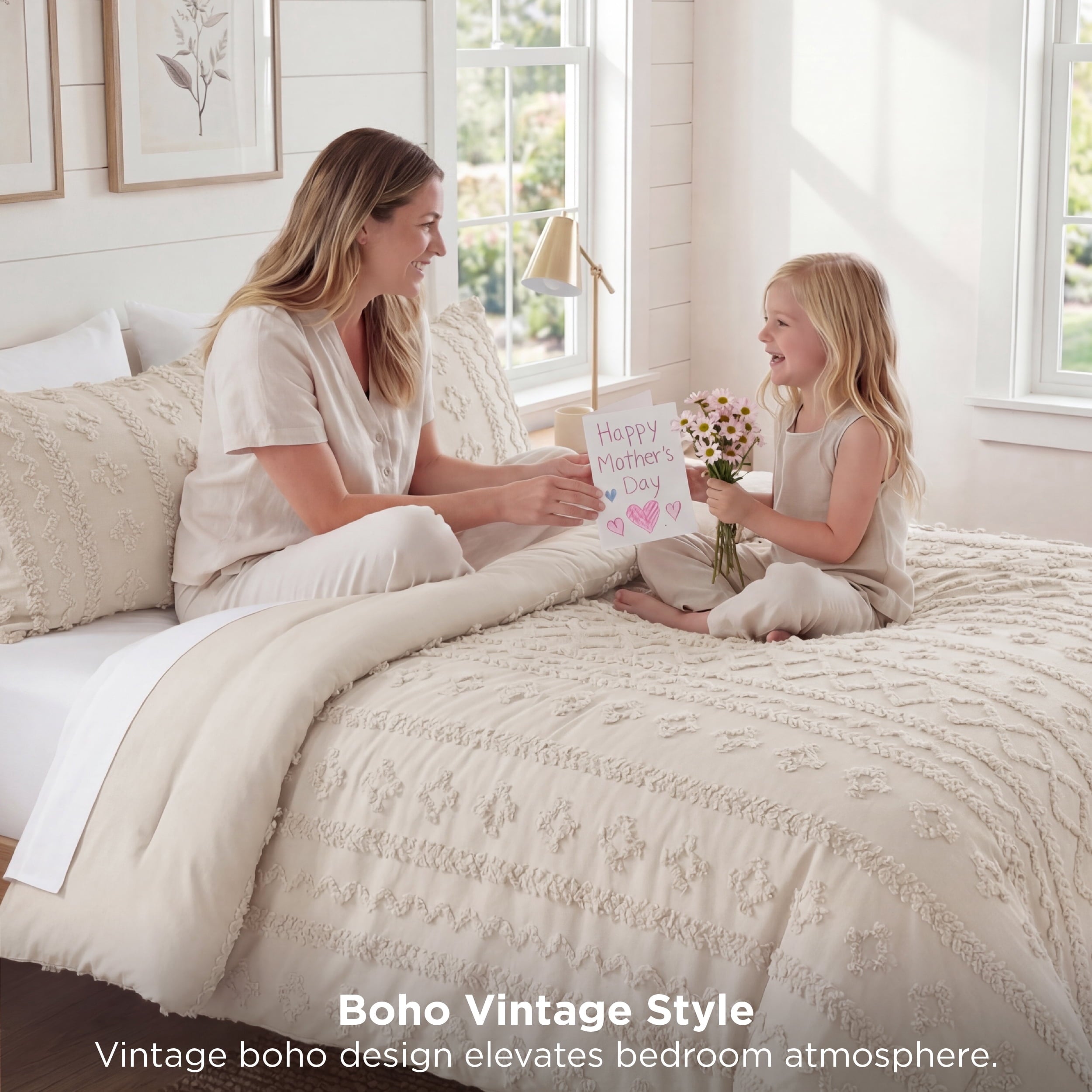 Hypoallergenic Cloud Tufted Boho Comforter Set Queen, Beige, 3 Pieces Farmhouse Shabby Chic Embroidery Bedding Set, Soft Jacquard Comforte... - Cloud-Like Soft Lightweight Bed Comforter Detail