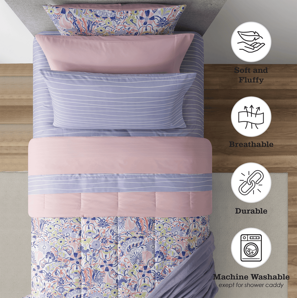 Heavyweight Warmth 14pc College Dorm Essentials Bundle, Twin-XL, Reversible Bed in a Bag Comforter Set, Purple Floral - Luxurious Quilted Duvet Cover Set Detail