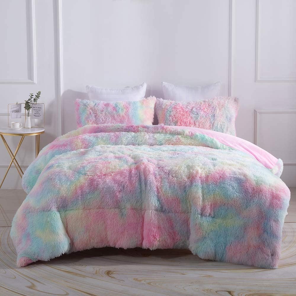 Luxurious Quilted Plush Shaggy Comforter Set Fluffy Fuzzy Faux Fur Bedding Set - Microfiber Soft Warm Quilt Set(Rainbow Pink,Queen Size) - Hypoallergenic Ultra-Fluffy Quilt for Winter Detail