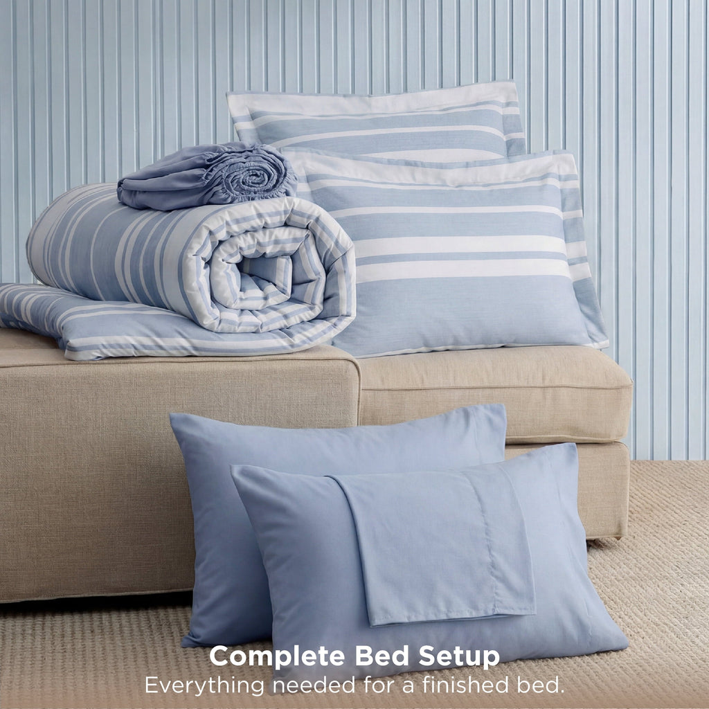 Luxurious Quilted Queen Comforter Set Blue, Bed in a Bag Queen Size Bedding 7-Pieces, Striped Bedding Set for All Seasons - Luxurious Quilted Duvet Cover Set Detail