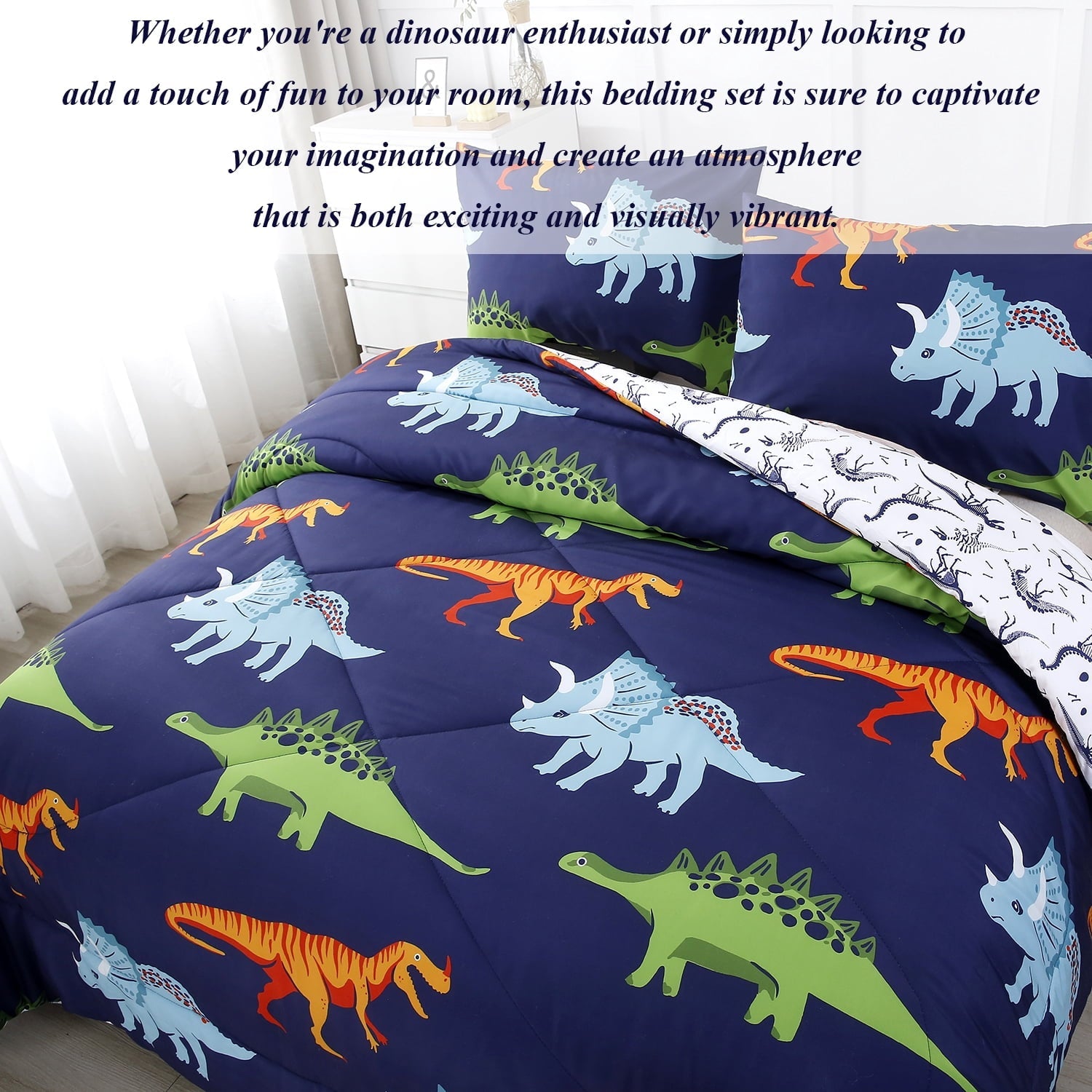 All-Season 3 Pcs Dinosaur Twin Size Bedding Sets for Boys, Dinosaur Printing Boys Comforter Set, Blue and White Reversible Bed C... - All-Season Down Alternative Comforter Insert Detail