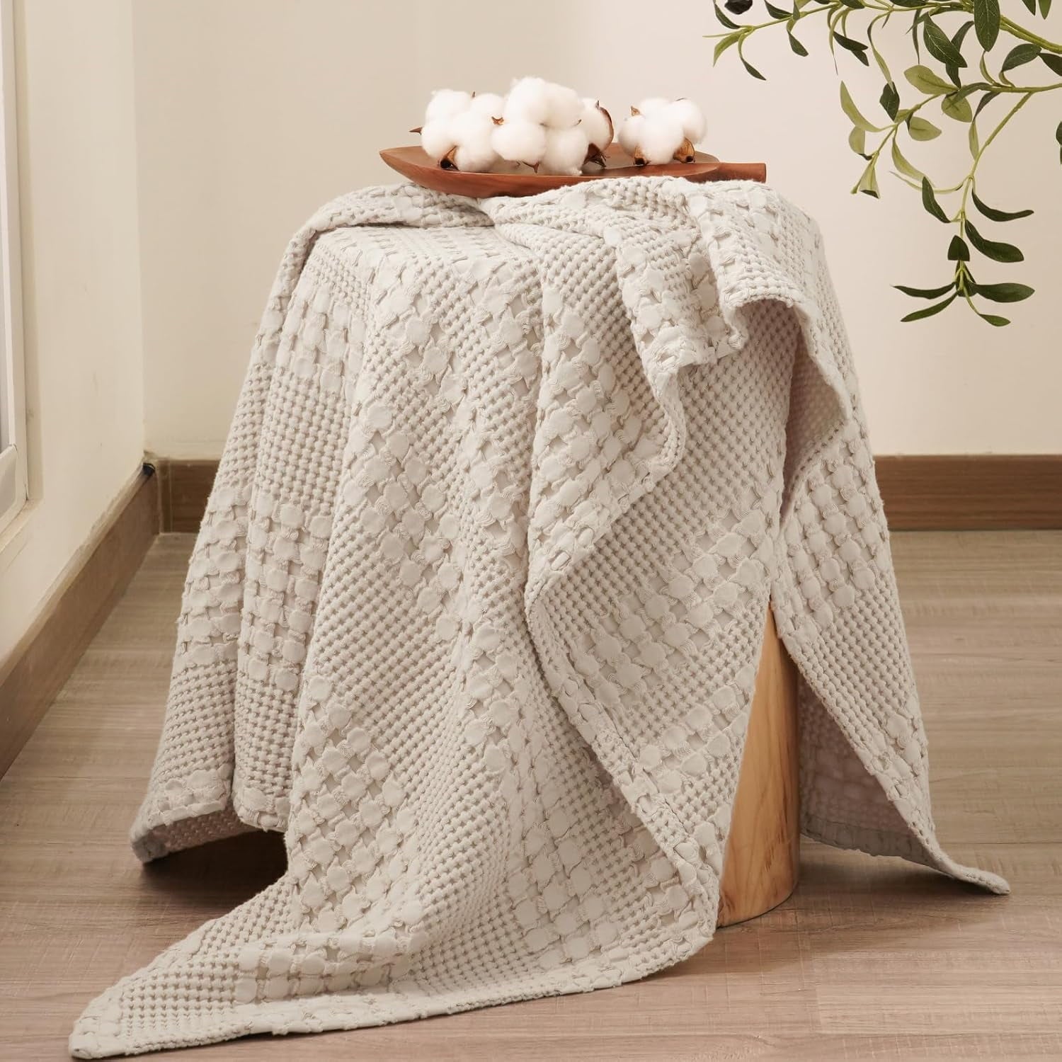 Super Soft Flannel 100% Cotton Waffle Weave Blanket, Lightweight Throw Washed Blanket for Bed Sofa Home Decor, Oatmeal, 50"x60" - Luxury Knitted Decorative Throw Blanket with Fringes Detail