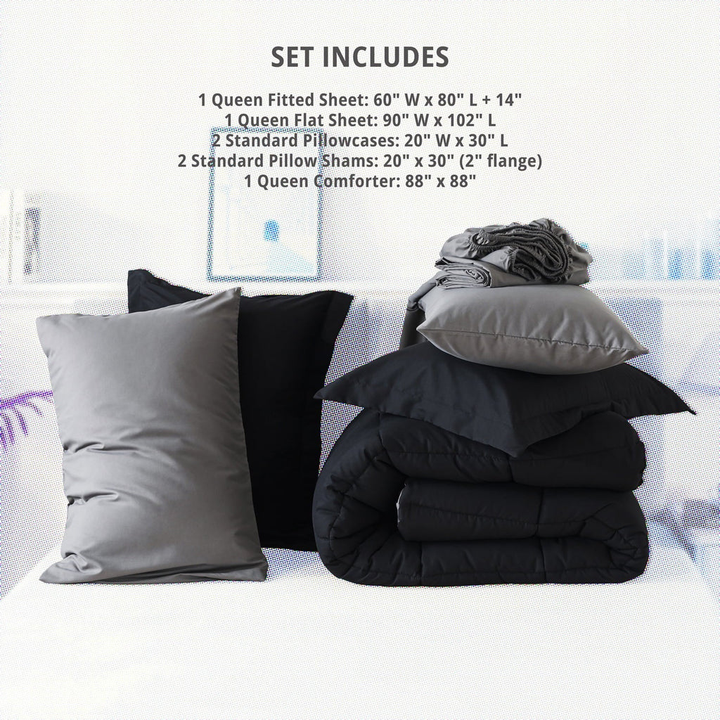 All-Season Queen Size 7 Piece Comforter Set | Bed in a Bag for Unisex Adult | Black/Gray - All-Season Down Alternative Comforter Insert Detail