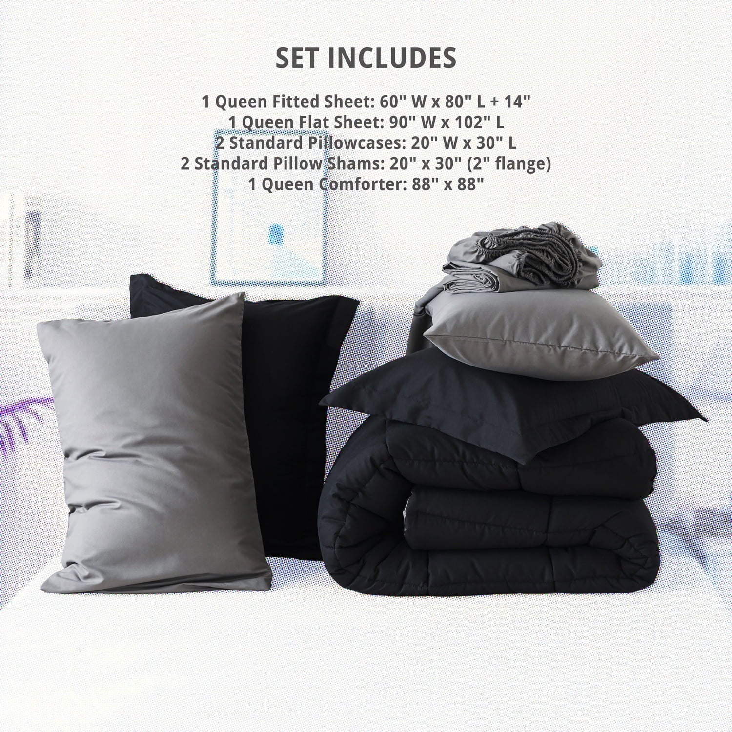 All-Season Queen Size 7 Piece Comforter Set | Bed in a Bag for Unisex Adult | Black/Gray - All-Season Down Alternative Comforter Insert Detail