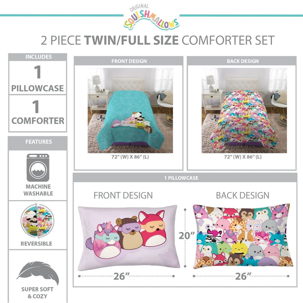 Heavyweight Warmth Squishmallows Kids 2 Piece Teal Blue Reversible Comforter and Pillowcase set, Twin/full - Cloud-Like Soft Lightweight Bed Comforter Detail
