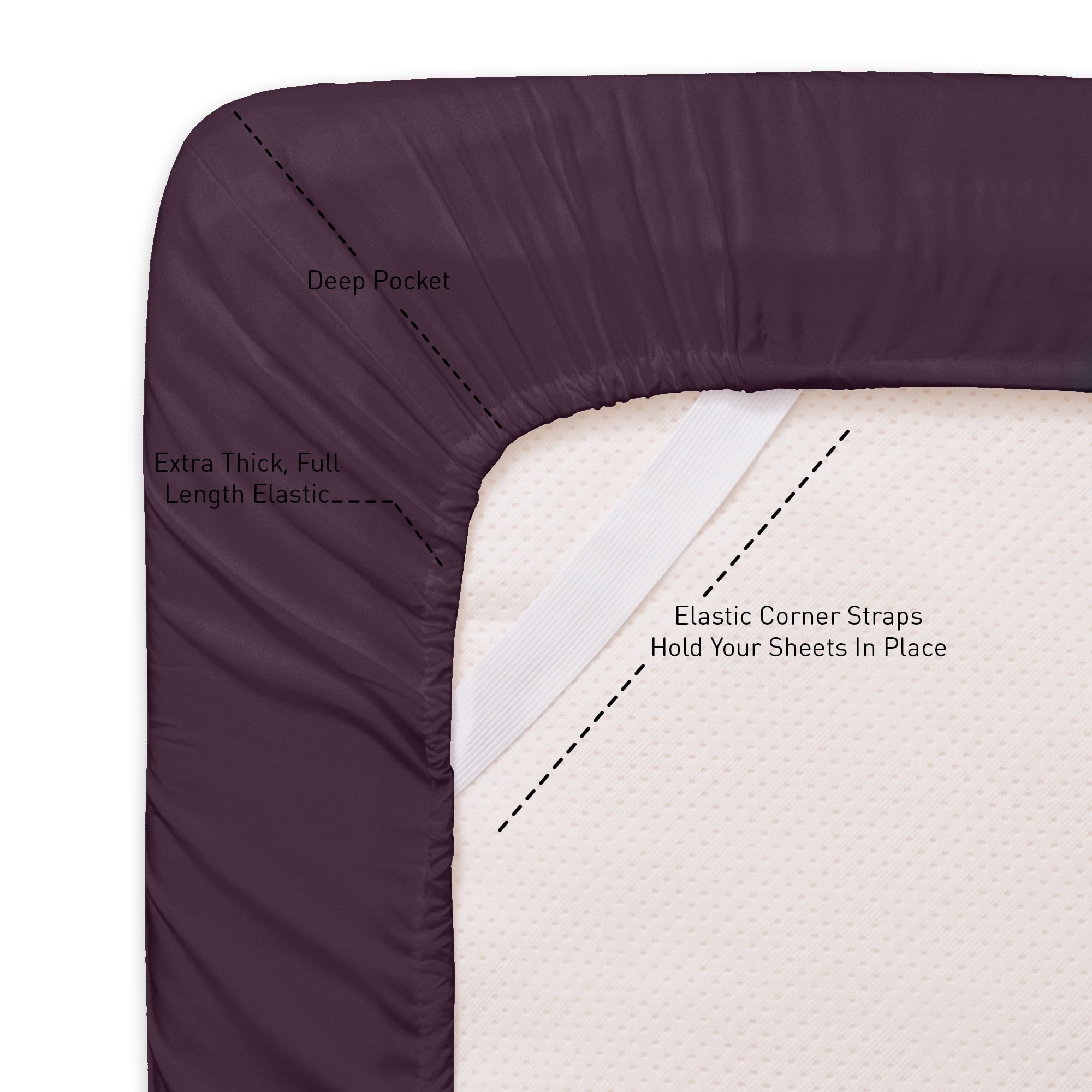 Cooling Sateen 1800 Series Bed Sheets - Extra Soft Microfiber Deep Pocket Sheet Set - Purple, Full - Luxury Bed Sheet Set with Deep Pockets Detail