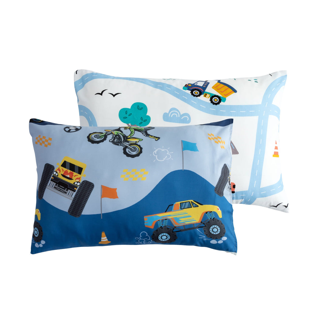 Luxurious Quilted 3Pcs Reversible Construction Truck Twin Comforter Set for Boys Kids Excavator Vehicle Motorcycle Bedding Set Blue - Hypoallergenic Ultra-Fluffy Quilt for Winter Detail
