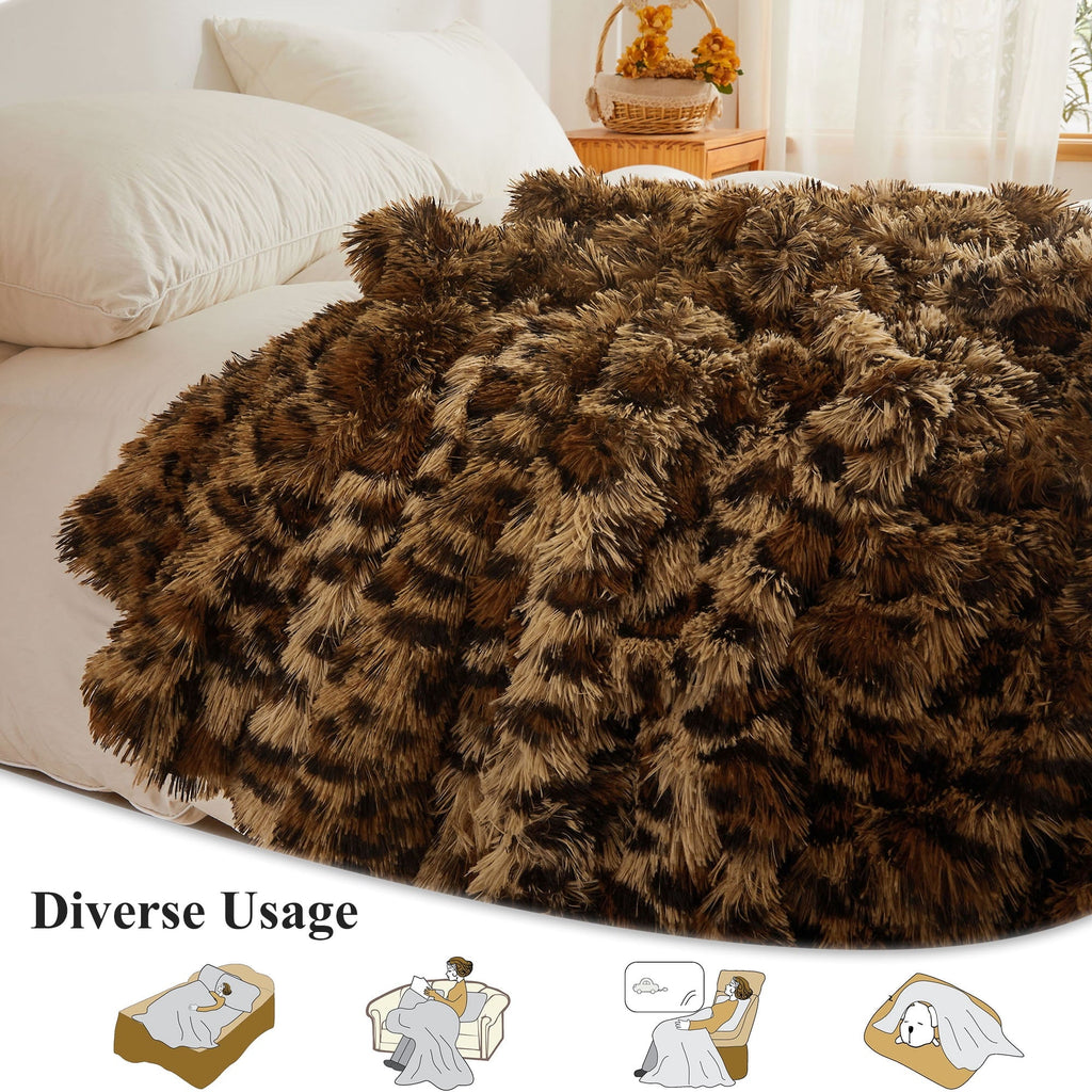 Lightweight Warm Luxury Faux Fur Leopard Print Throw, Soft 50x60 Cheetah Print Fluffy Blanket, Shaggy Plush Decorative Couch Throw, Cu... - Super Soft Reversible Sherpa Flannel Blanket Detail