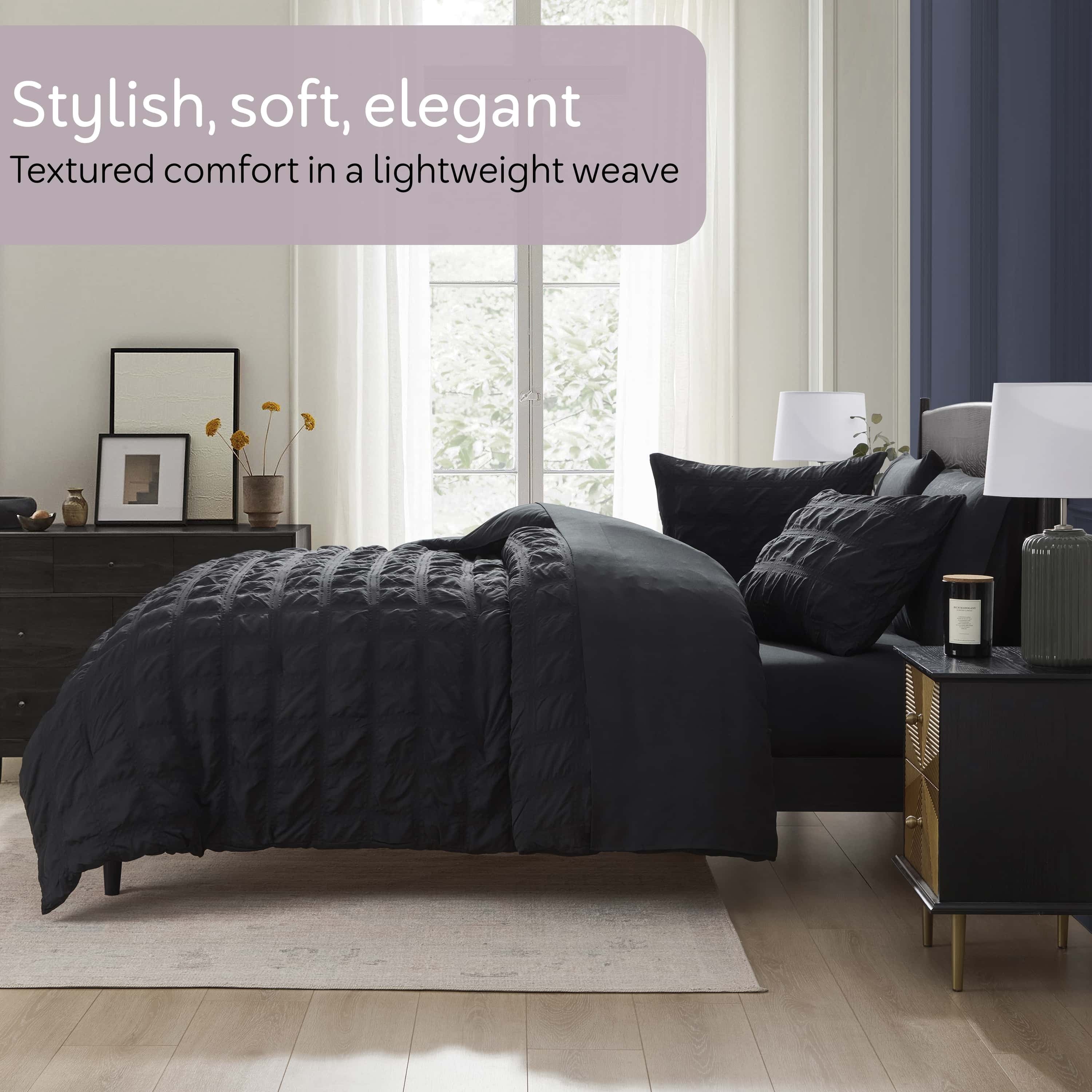 All-Season Queen Comforter Set, Seersucker Queen Size Comforter Set, 7-Pc All Season Bedding Comforter Set, Black - Hypoallergenic Ultra-Fluffy Quilt for Winter Detail