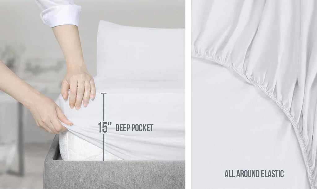 Premium Egyptian Cotton Set, Soft Microfiber 4 Piece Hotel Luxury Bed s with Deep Pockets, Embroidered Pillow Cases, Side Storage Pocket Fitt... - Luxury Bed Sheet Set with Deep Pockets Detail