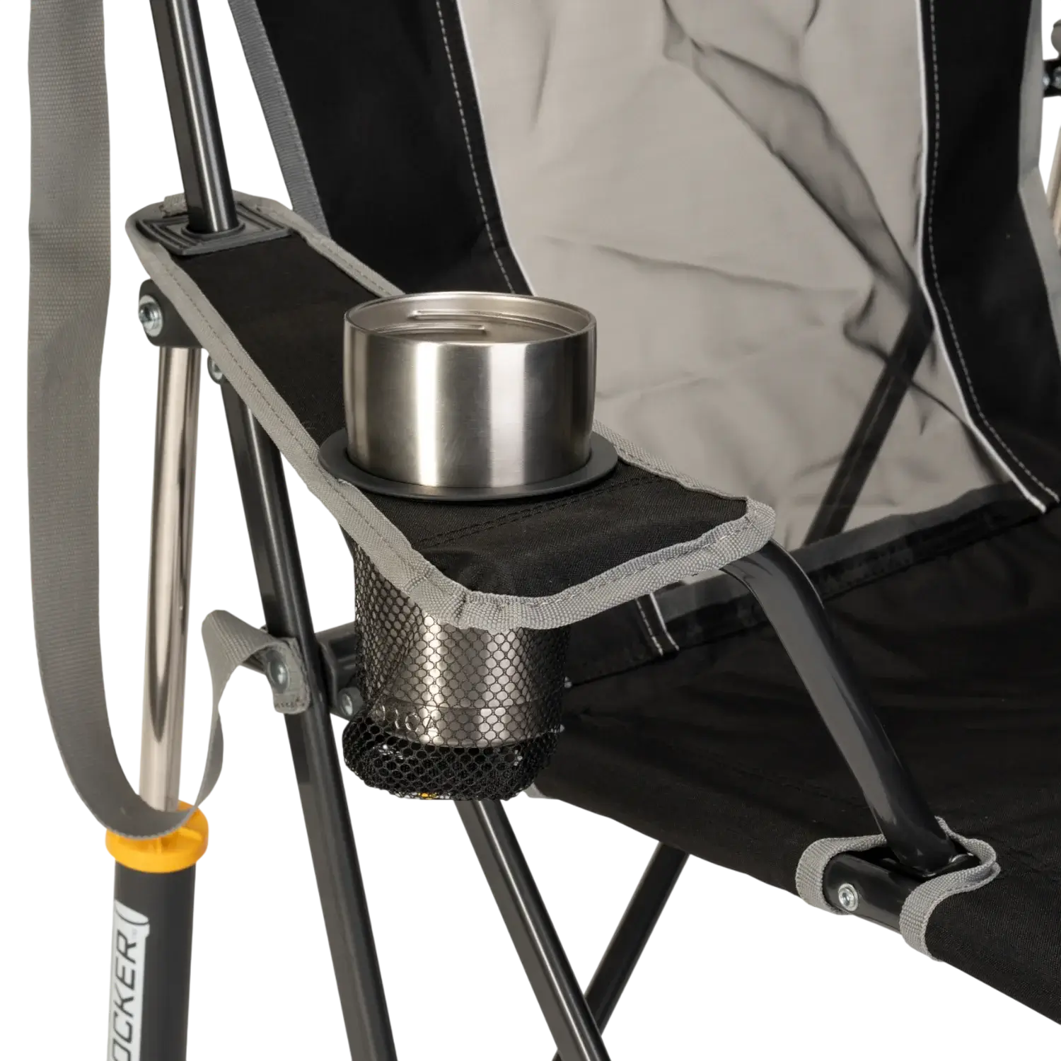 Luxury Camp Comfort Pro Rocker - Choice 375 - Heavy-Duty Kickback Rocker with Beverage Holder Detail