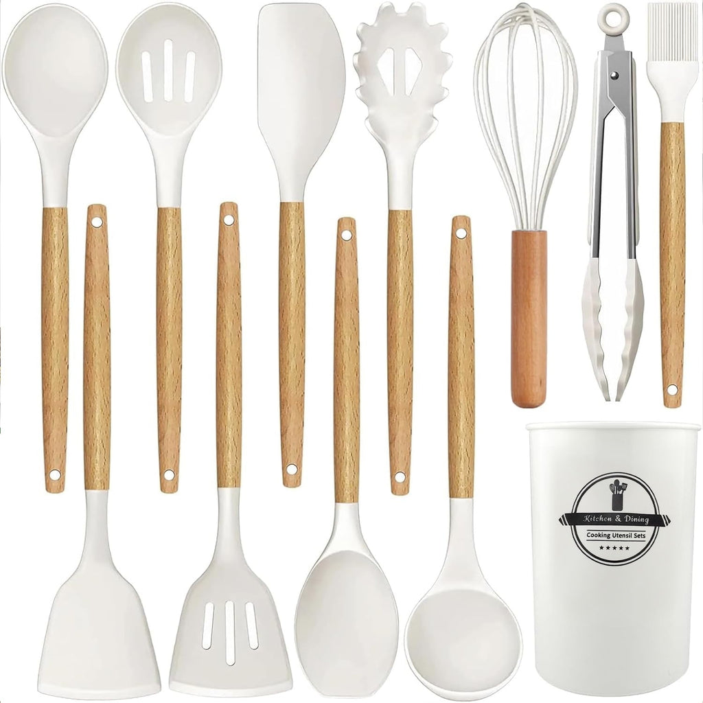 Premium Silicone Cooking Utensils Set, 12 packs Non-Stick Silicone Cooking Kitchen Utensils Spatula Set with Wooden Handles and... - Heat-Resistant Silicone Cooking Spatula Turner - Default Title