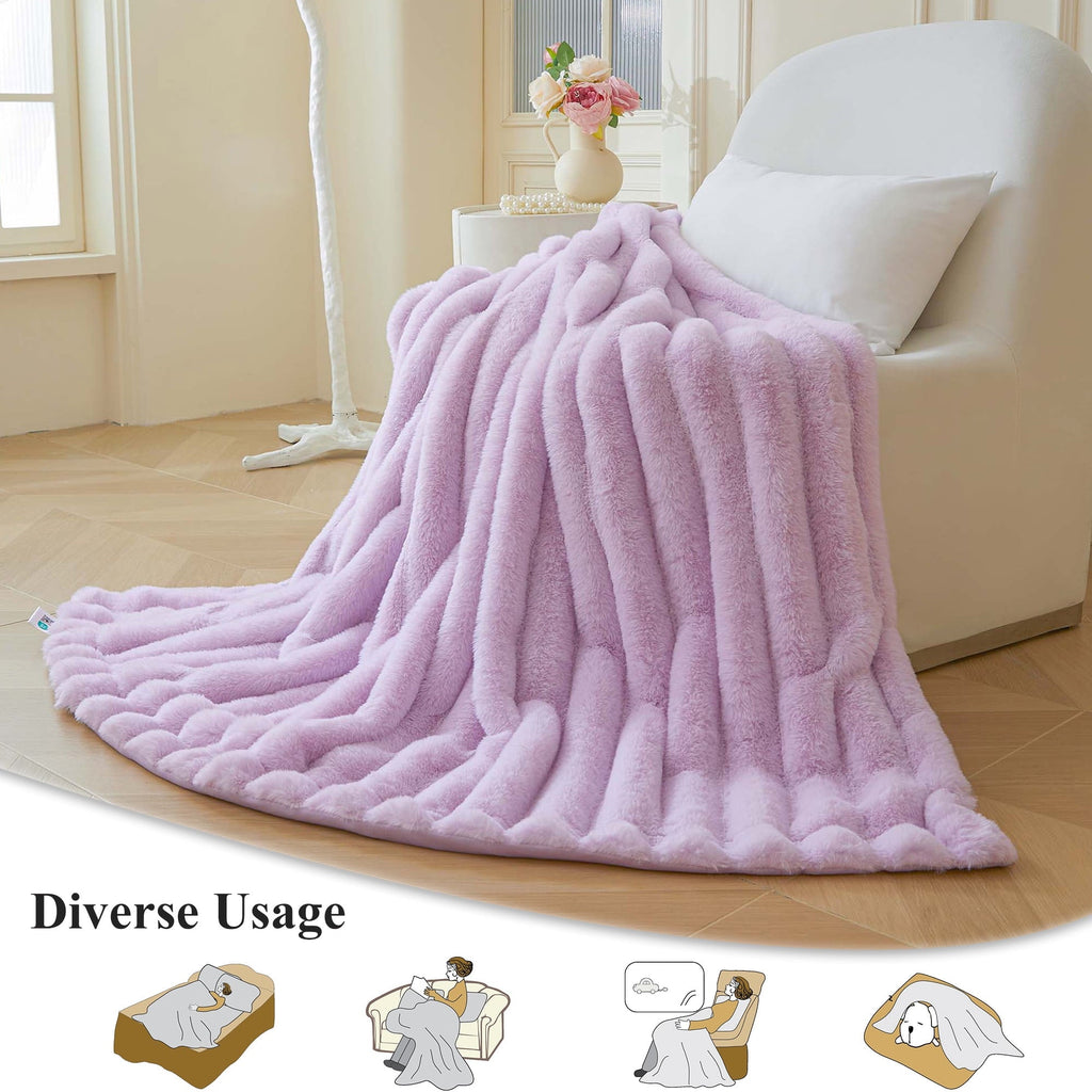 Reversible Sherpa Fluffy Faux Rabbit Fur Throw, Cozy Wide Stripe Plush Fuzzy Blanket for Bed Couch Sofa Chair, Light Purple Shaggy Thro... - Cozy Fleece Throw Blanket for Couch & Bed Detail