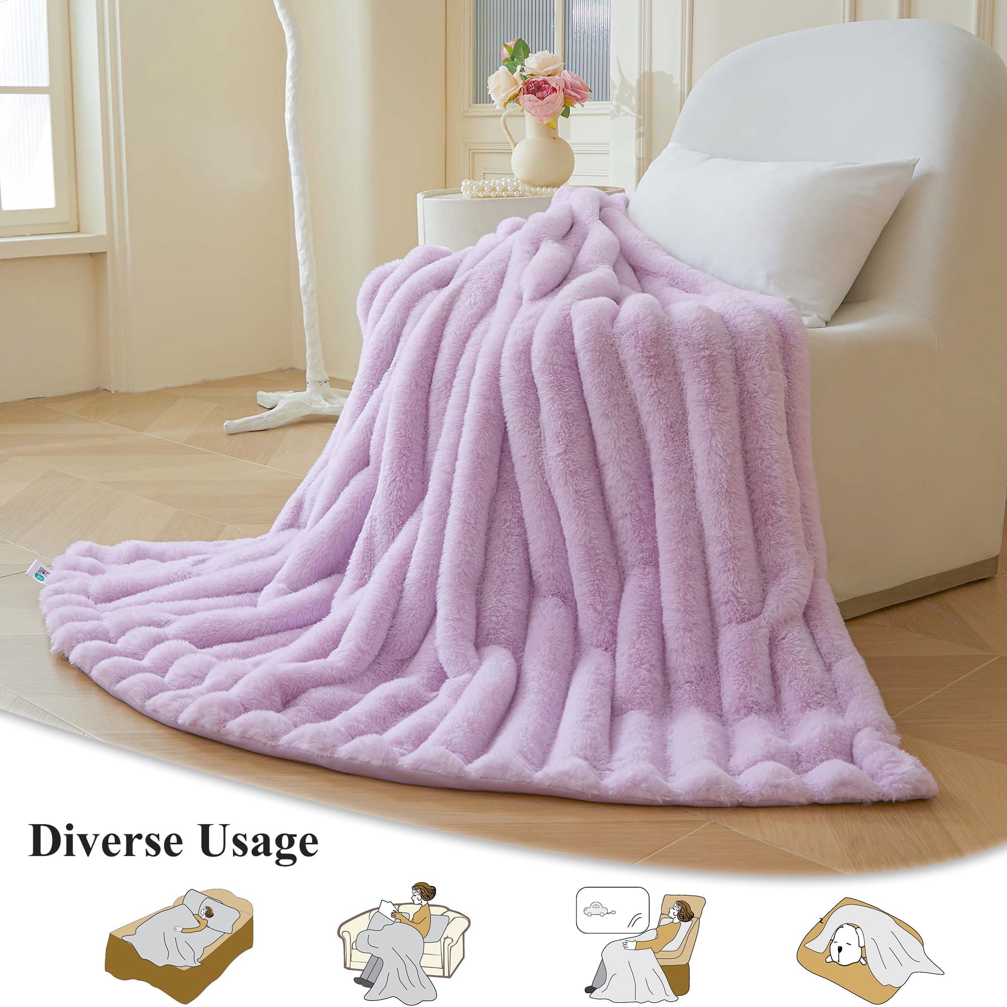 Reversible Sherpa Fluffy Faux Rabbit Fur Throw, Cozy Wide Stripe Plush Fuzzy Blanket for Bed Couch Sofa Chair, Light Purple Shaggy Thro... - Cozy Fleece Throw Blanket for Couch & Bed Detail