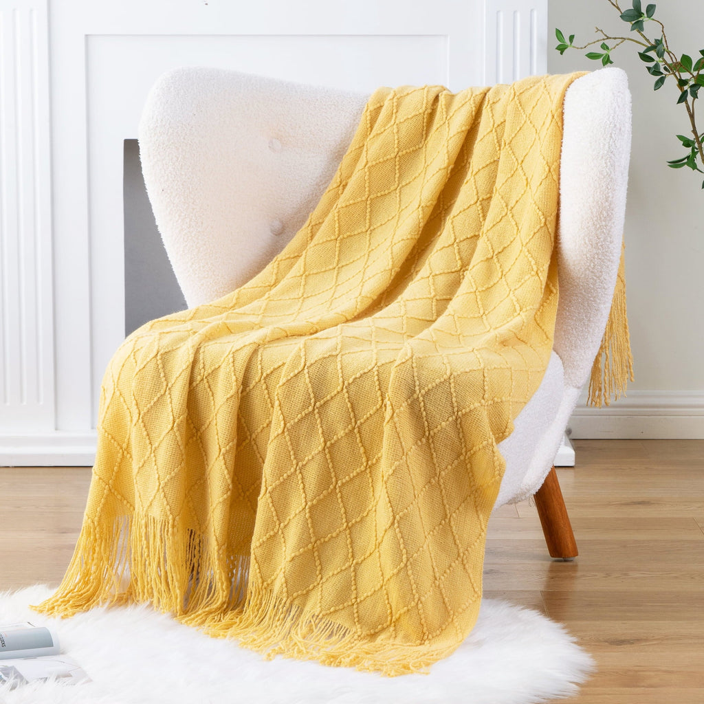 Reversible Sherpa Mustard Throw Blanket for Couch,Gold Yellow Knit Throw with Fringe,Outdoor Throw ,50"x60" - Luxury Knitted Decorative Throw Blanket with Fringes Detail