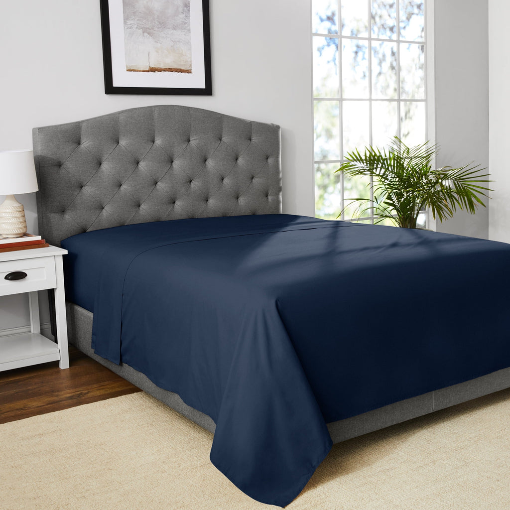 Wrinkle-Resistant 300 Thread Count Easy Care Blue Cove Cotton Blend Percale Flat Bed Sheet, King - Premium Ultra-Soft Pillowcase Pair for Sleeping Detail