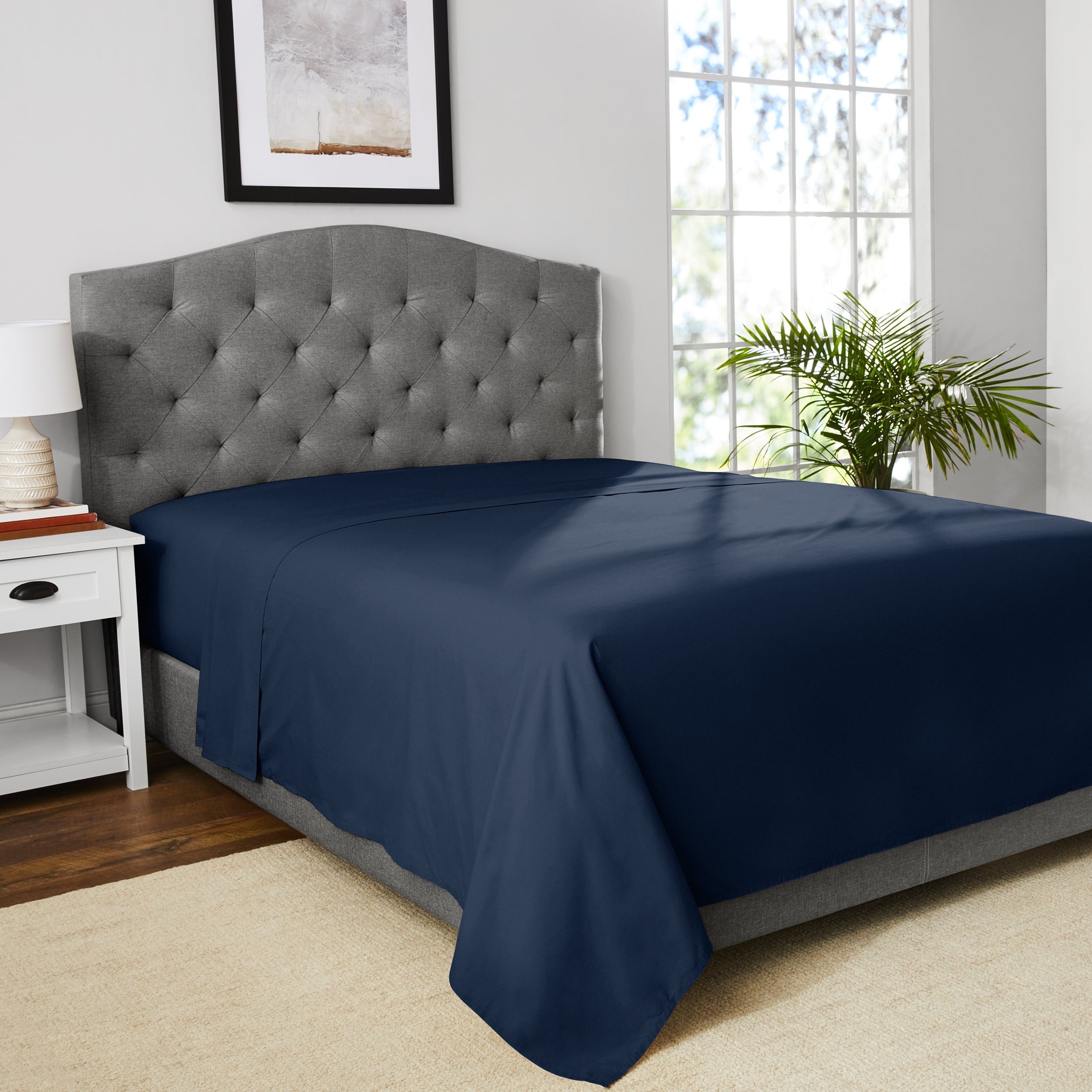 Wrinkle-Resistant 300 Thread Count Easy Care Blue Cove Cotton Blend Percale Flat Bed Sheet, King - Premium Ultra-Soft Pillowcase Pair for Sleeping Detail