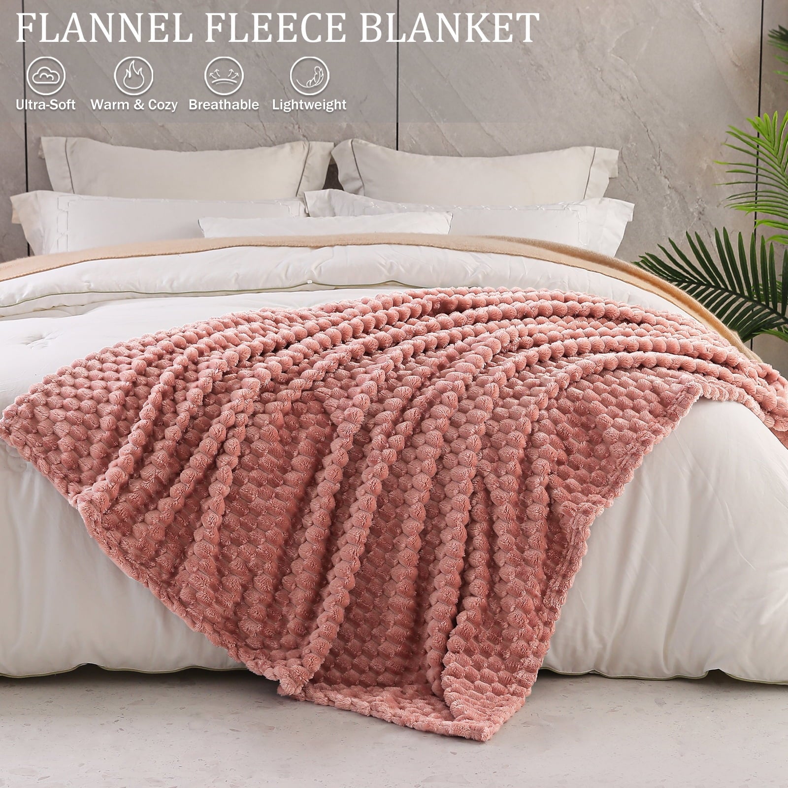 Reversible Sherpa Large Soft Fleece Throw Blanket, 50"x70" Stylish Jacquard Throw Blanket for Couch, Cozy, Warm, Lightweight Dusty Pink... - Cozy Fleece Throw Blanket for Couch & Bed Detail