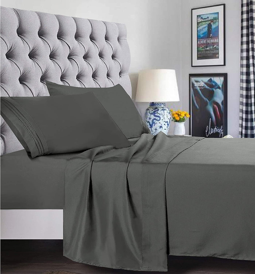 Wrinkle-Resistant 4 Pieces Bed Sheet set Flat,Fitted,Pillowcase , Queen Grey - Premium Ultra-Soft Pillowcase Pair for Sleeping Detail