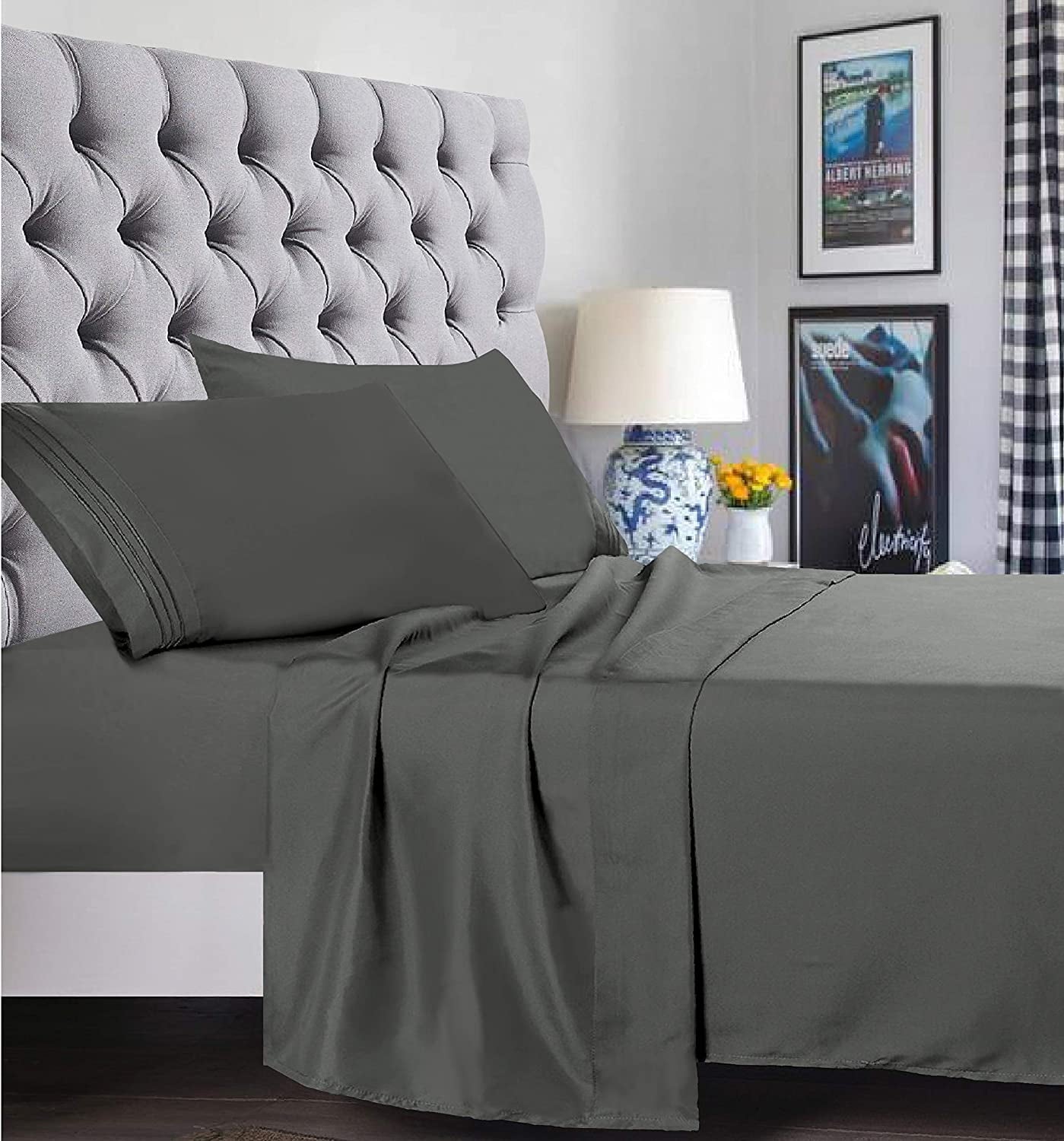 Wrinkle-Resistant 4 Pieces Bed Sheet set Flat,Fitted,Pillowcase , Queen Grey - Premium Ultra-Soft Pillowcase Pair for Sleeping Detail