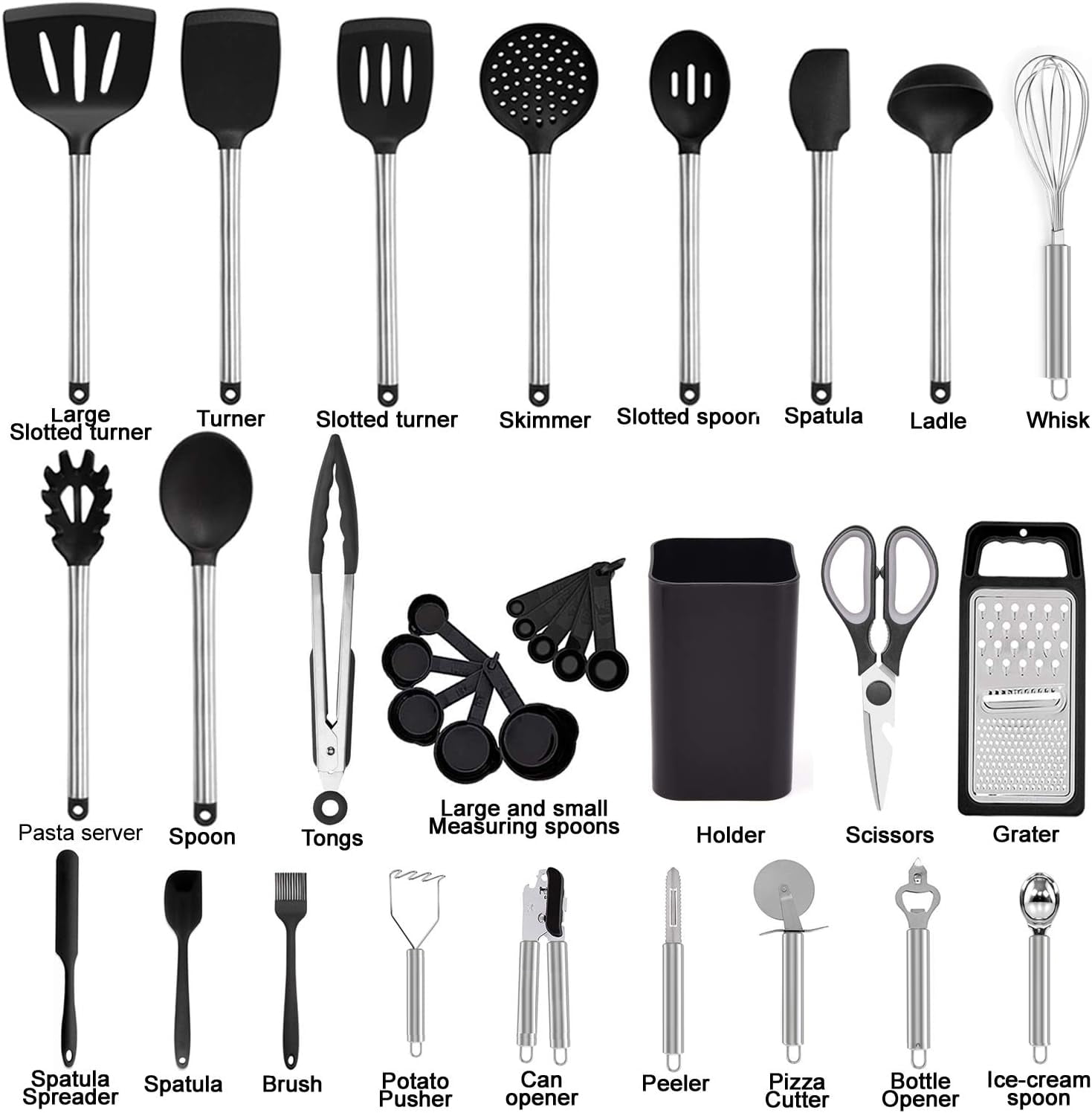 Seamless One-Piece Kitchen Utensil Set-Silicone Cooking Utensils-33 Kitchen Gadgets & Spoons for Nonstick Cookware-Silicone and Stainles... - Premium Stainless Steel Cooking Utensil for Non-Stick Pots Detail