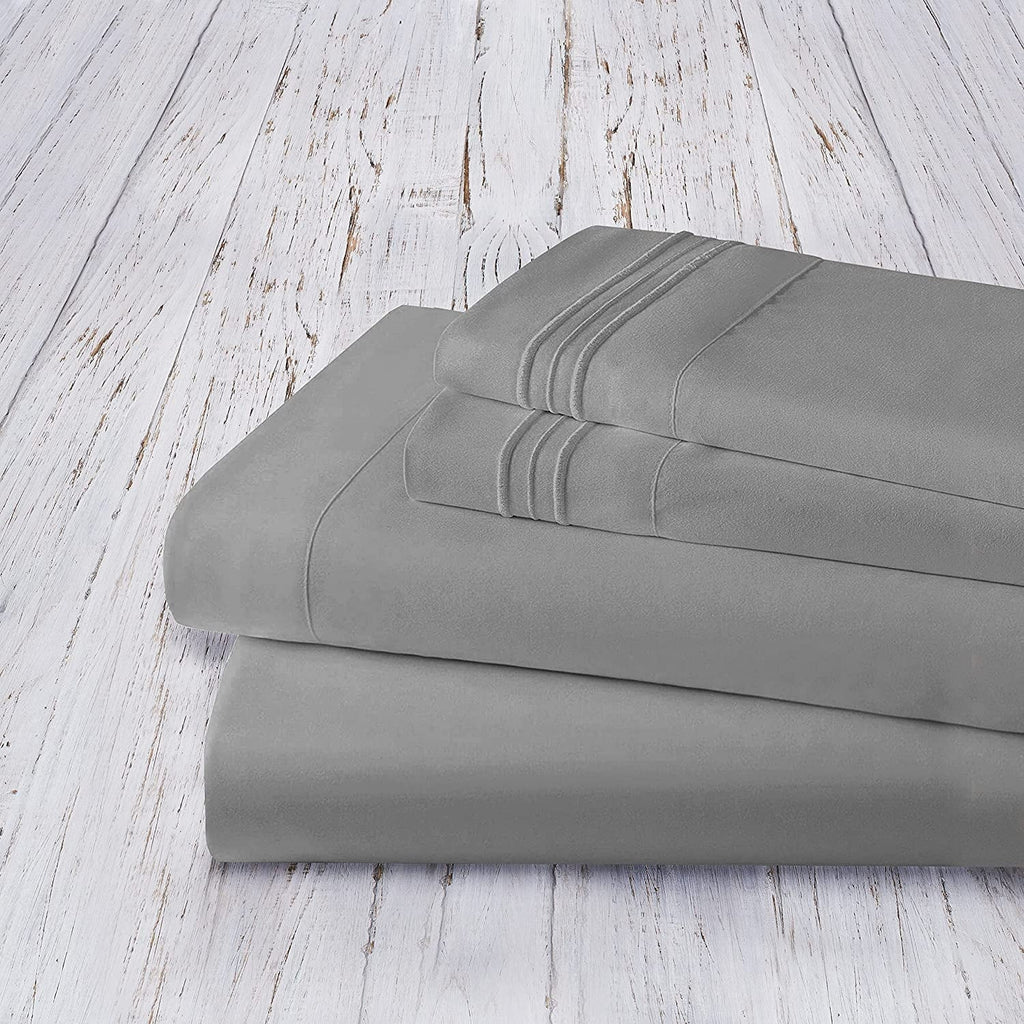 Wrinkle-Resistant 4 Pieces Bed Sheet set Flat,Fitted,Pillowcase , Queen Grey - Premium Ultra-Soft Pillowcase Pair for Sleeping Detail
