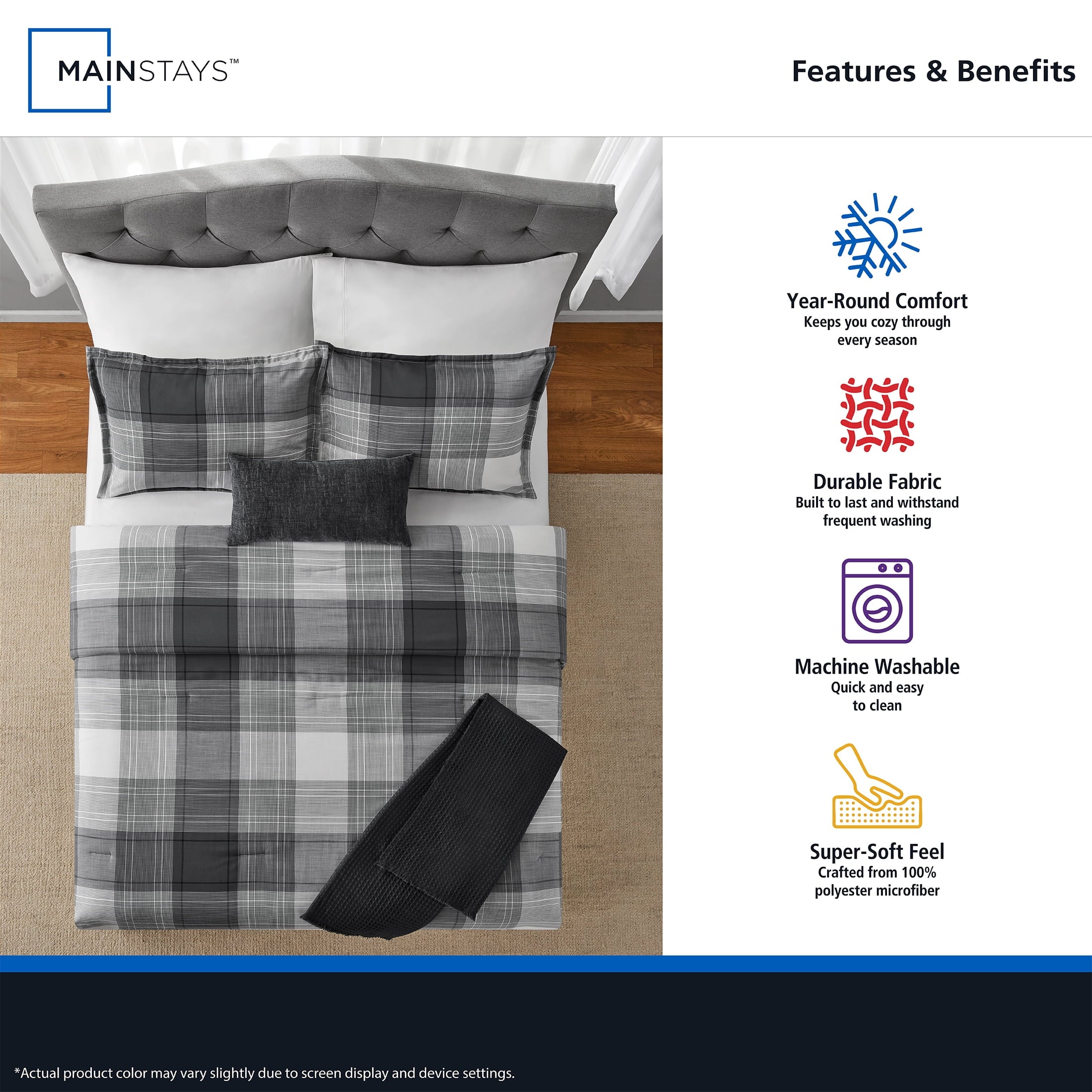 Luxurious Quilted Full/Queen Comforter Set, All-Season, 5-Piece, Grey Plaid - All-Season Down Alternative Comforter Insert Detail
