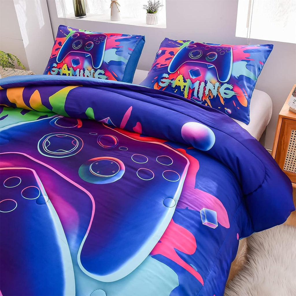 Fluffy Down Alternative Purple Queen Gaming Comforter Sets for Boys Kids Bedding Sets Colorful Games Console Gamer Quilt Set - All-Season Down Alternative Comforter Insert Detail